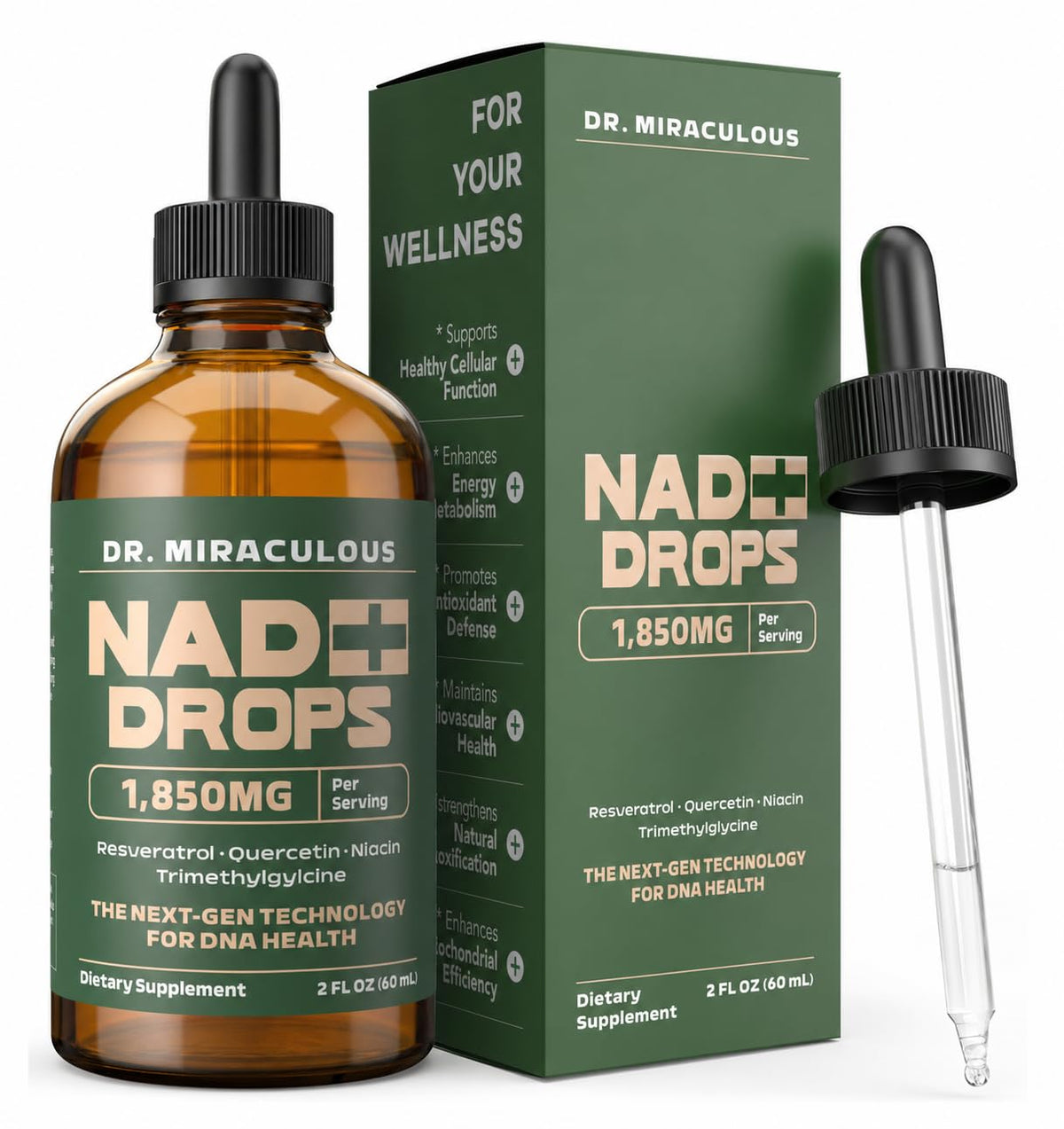 Dr. Miraculous NAD+ Drop liquid supplement front view with packaging