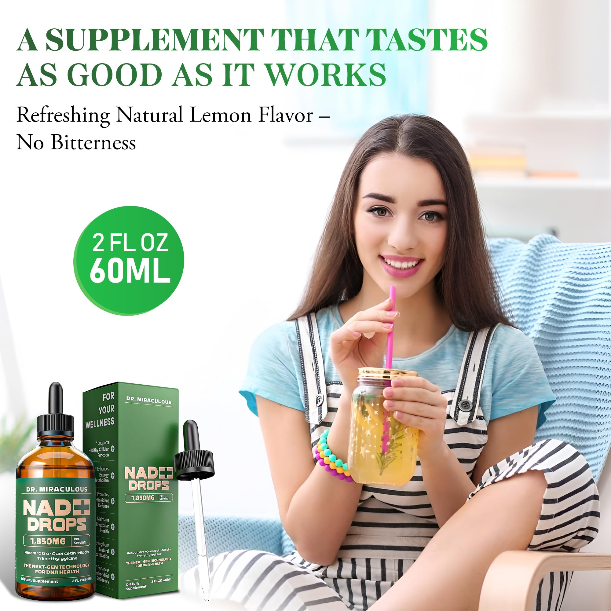 Dr. Miraculous NAD+ Drop liquid supplement in a glass of water