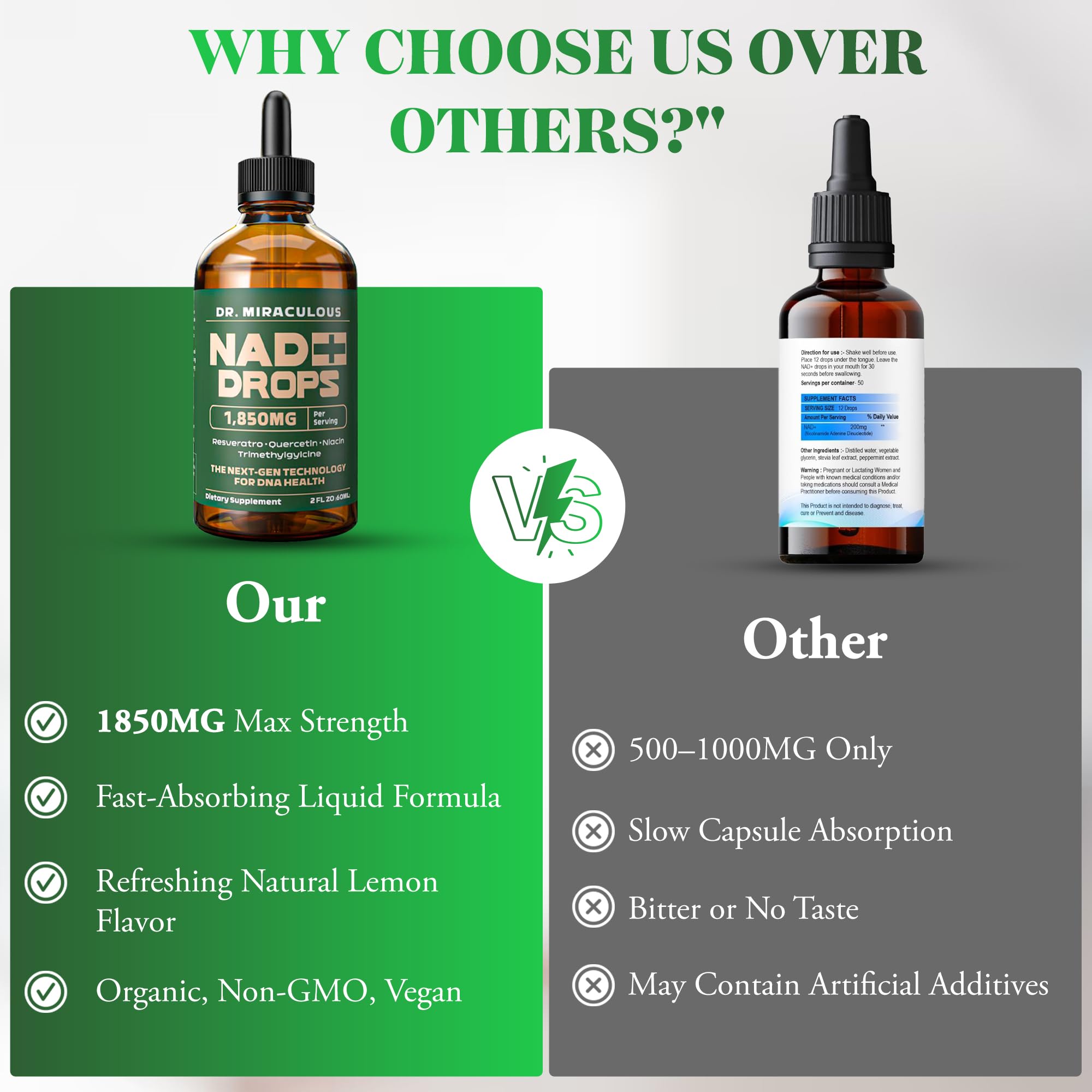 Dr. Miraculous NAD+ Drop liquid supplement lifestyle scene on a kitchen counter