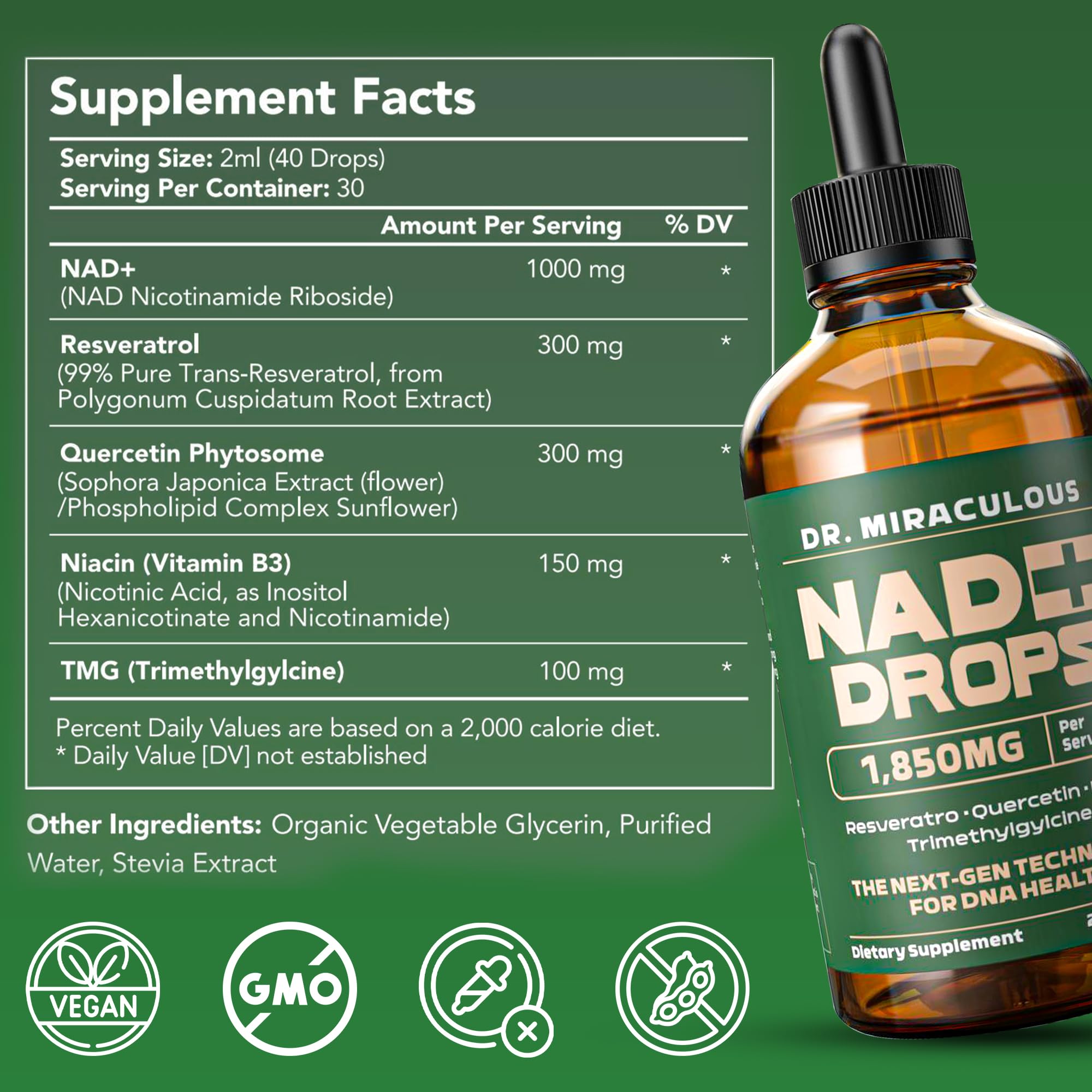 Dr. Miraculous NAD+ Drop liquid supplement showing natural lemon flavour