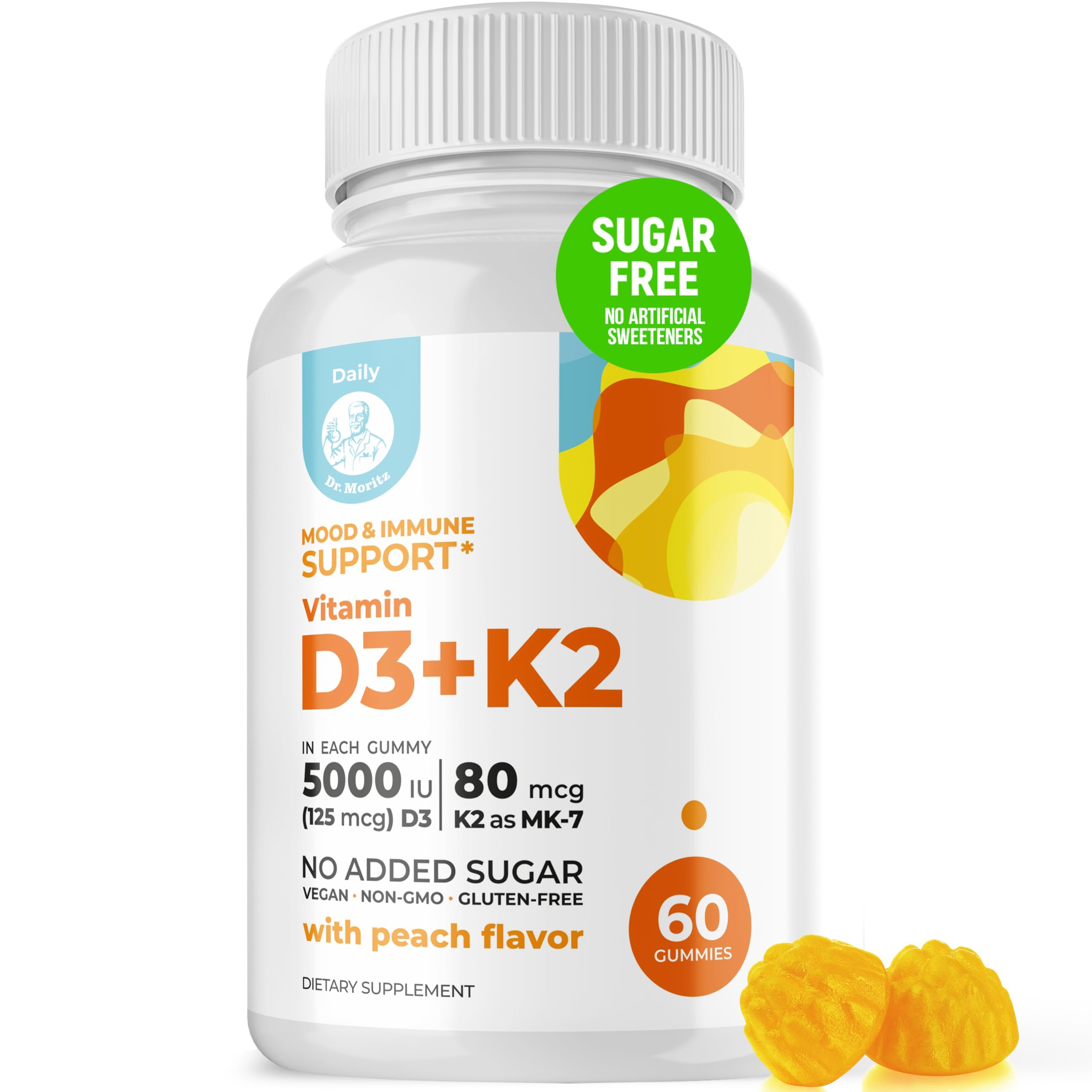 DR. MORITZ Chewable Vitamin D3 K2 Gummies 5000 IU Peach flavour front view