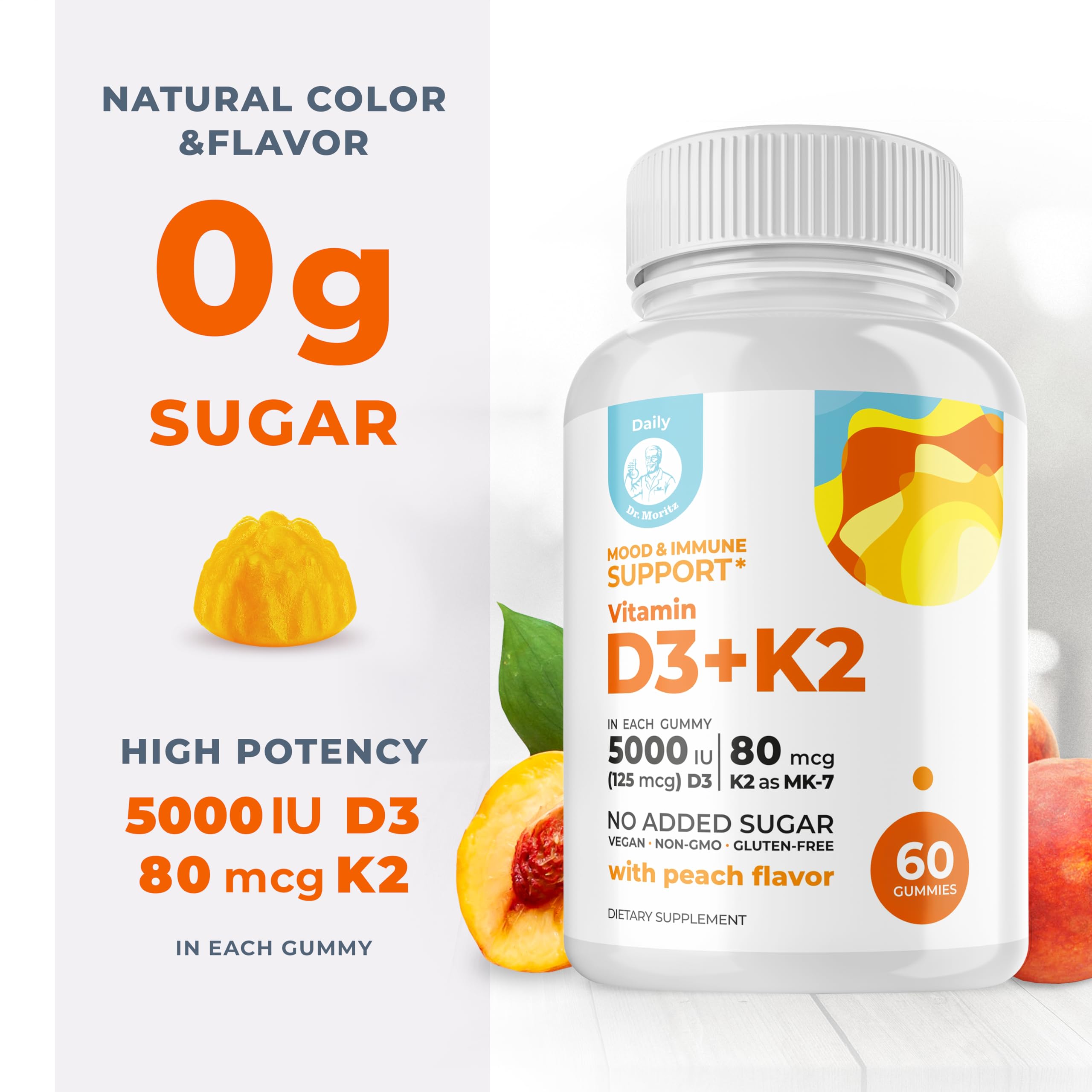 DR. MORITZ Chewable Vitamin D3 K2 Gummies on a wooden table