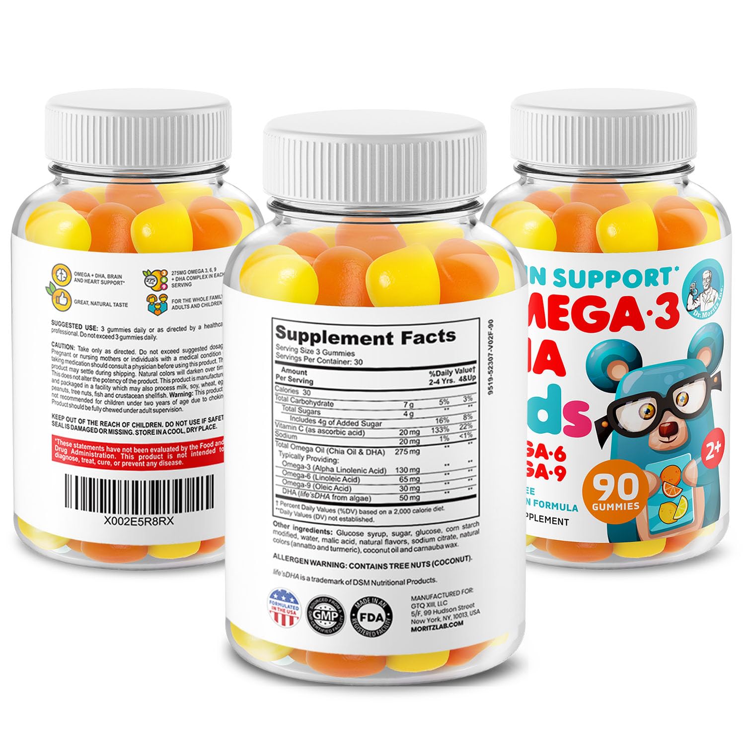 DR. MORITZ Kids Gummies on a kitchen counter with a glass of water