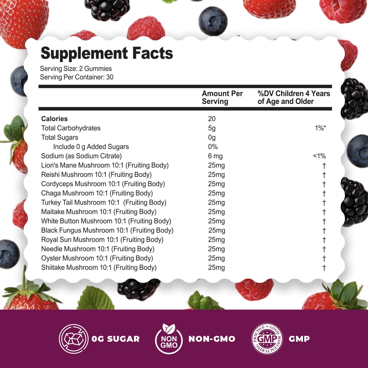 DR. MORITZ Lion’s Mane Mushroom Gummies side view showing nutritional information