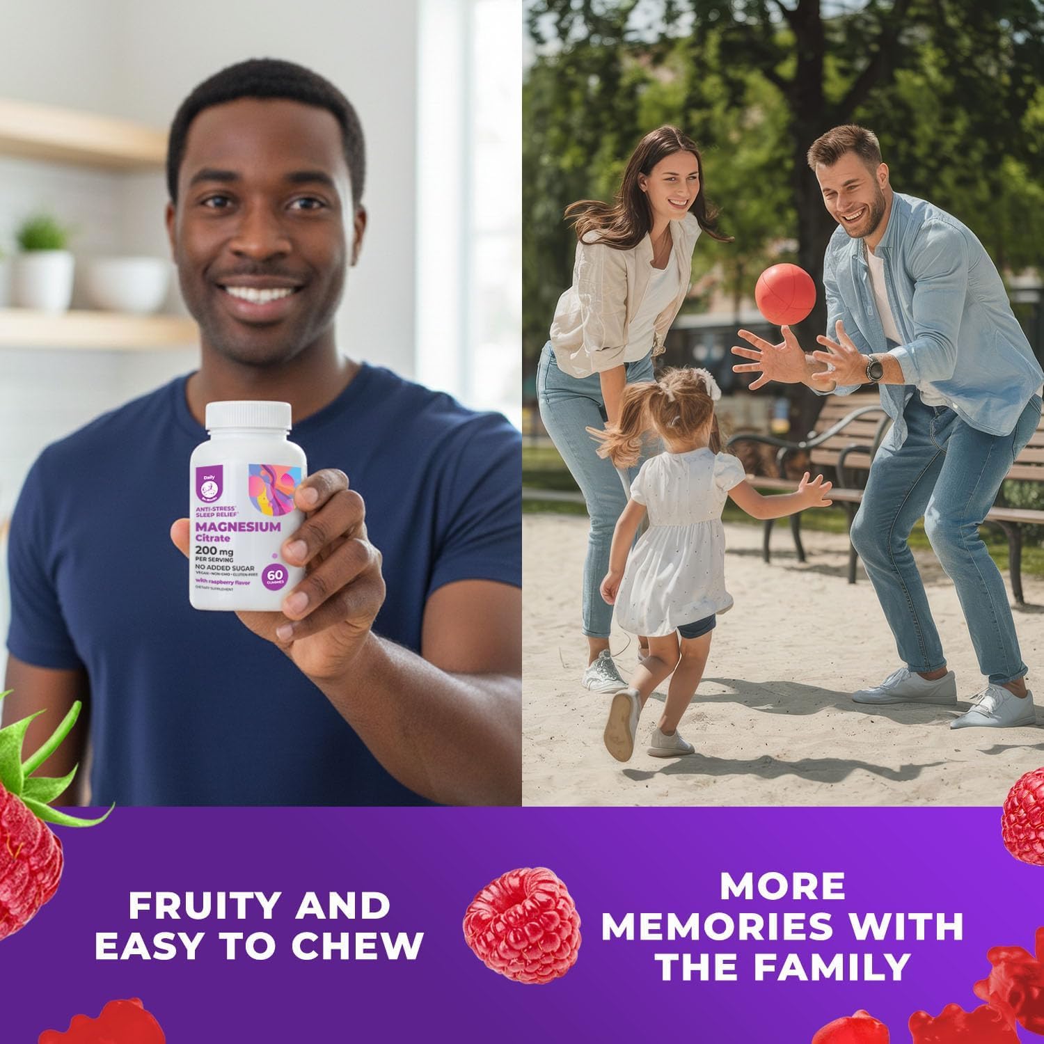 DR. MORITZ Magnesium Gummies in a bowl with fresh raspberries