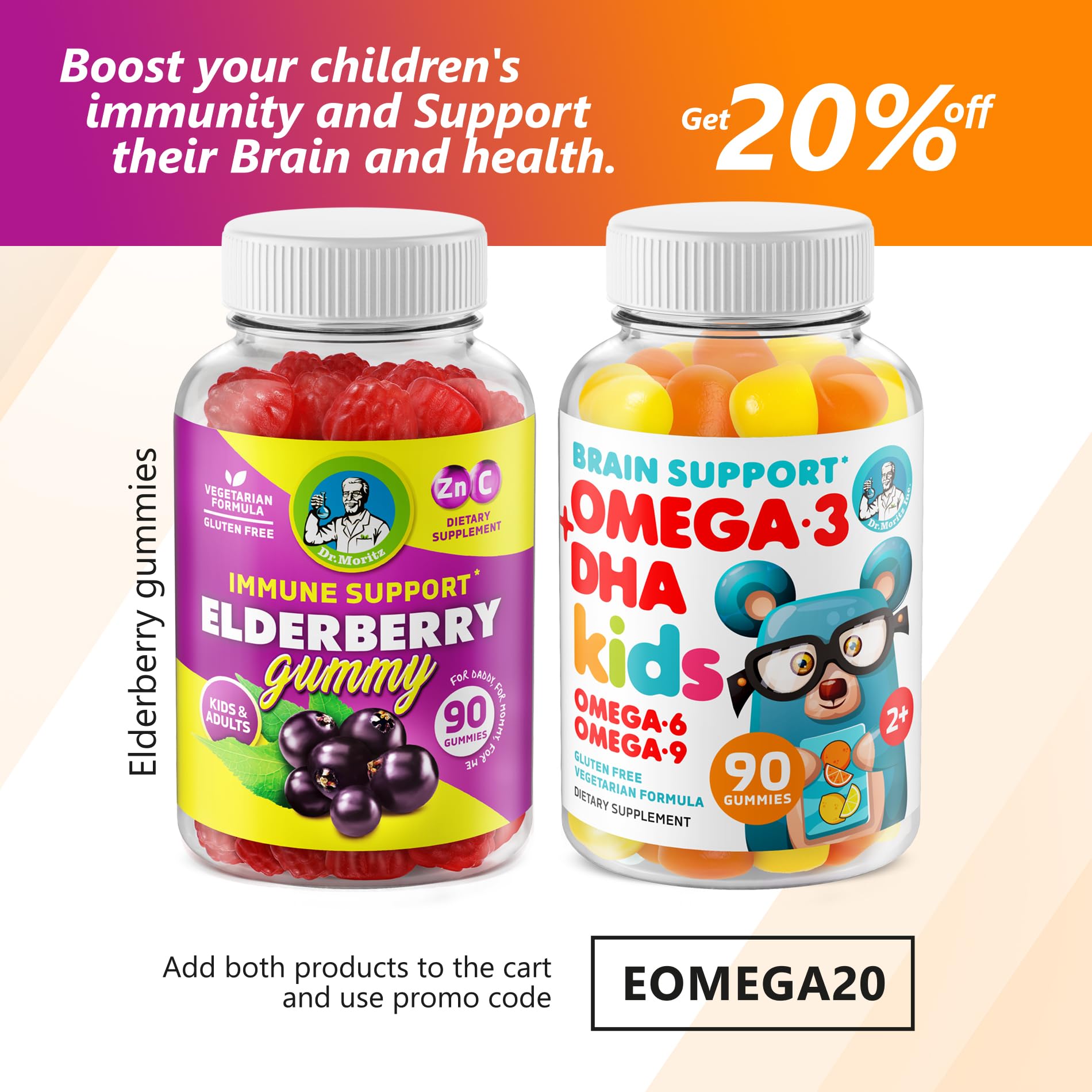 DR. MORITZ Omega 3 Gummies for Kids showing zesty orange and lemon flavours