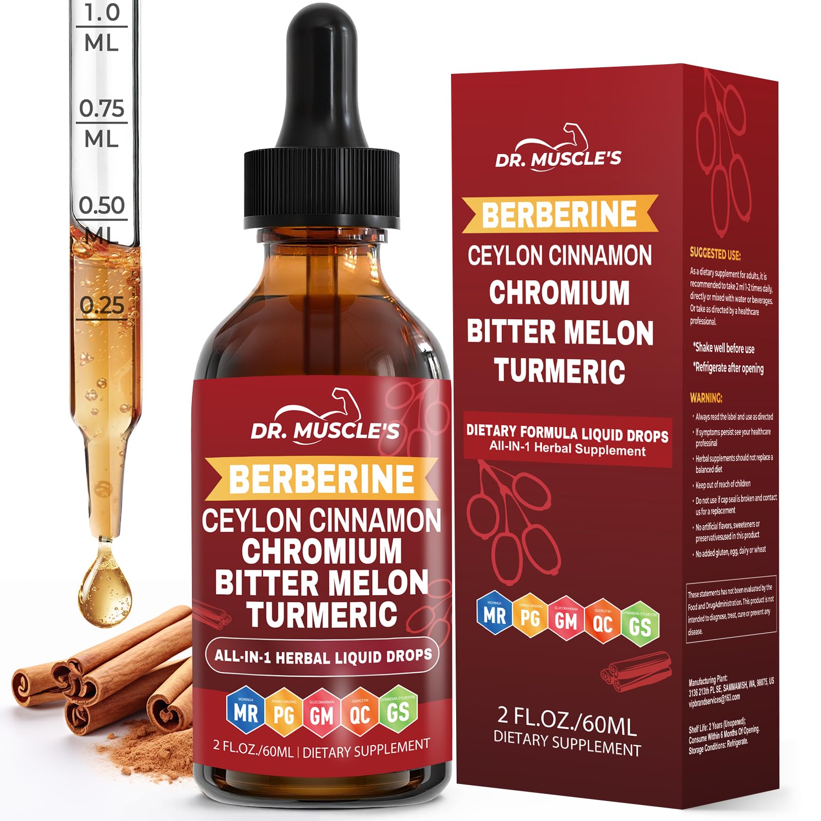 DR. MUSCLE'S Berberine Liquid Drops front view with packaging