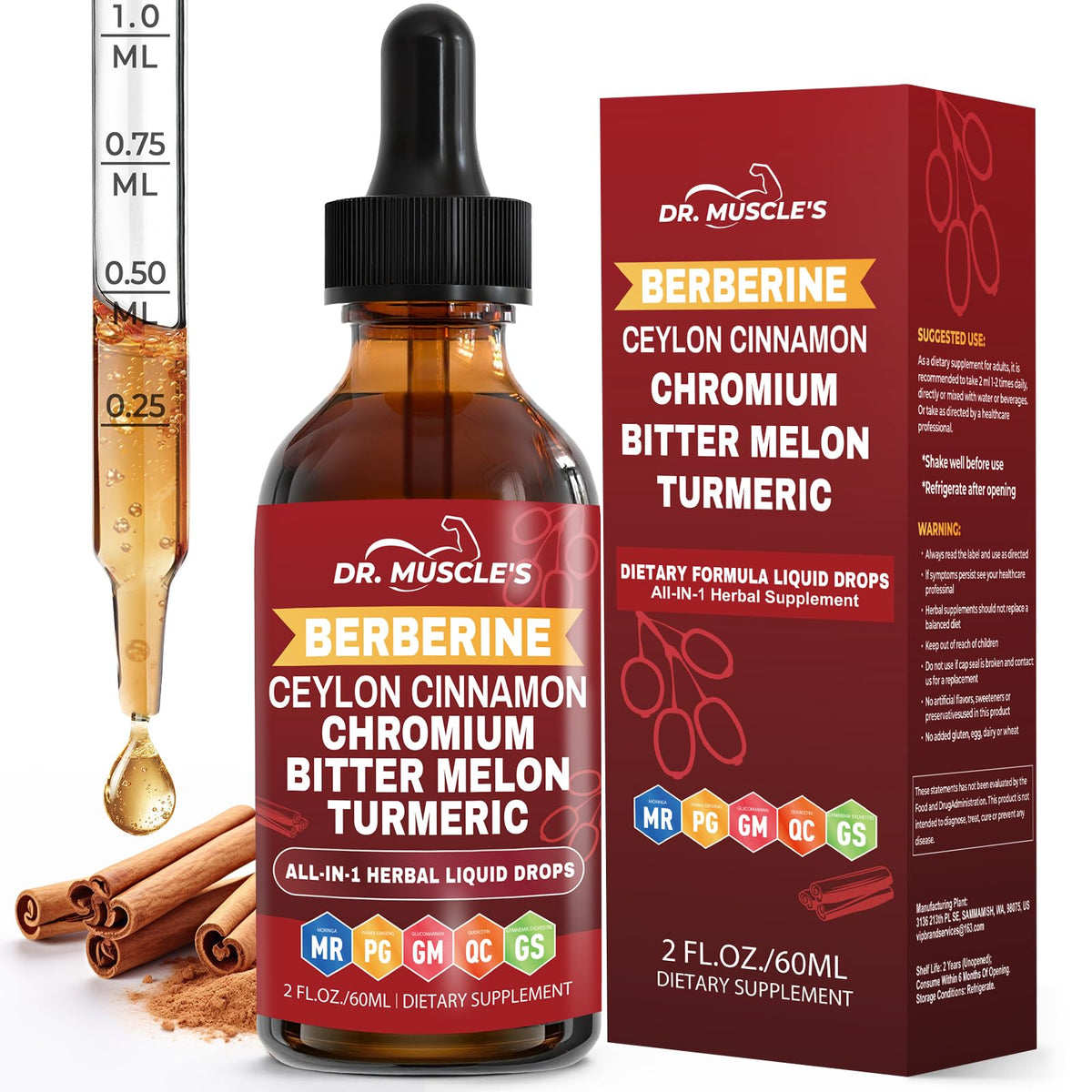 DR. MUSCLE'S Berberine Liquid Drops front view with packaging