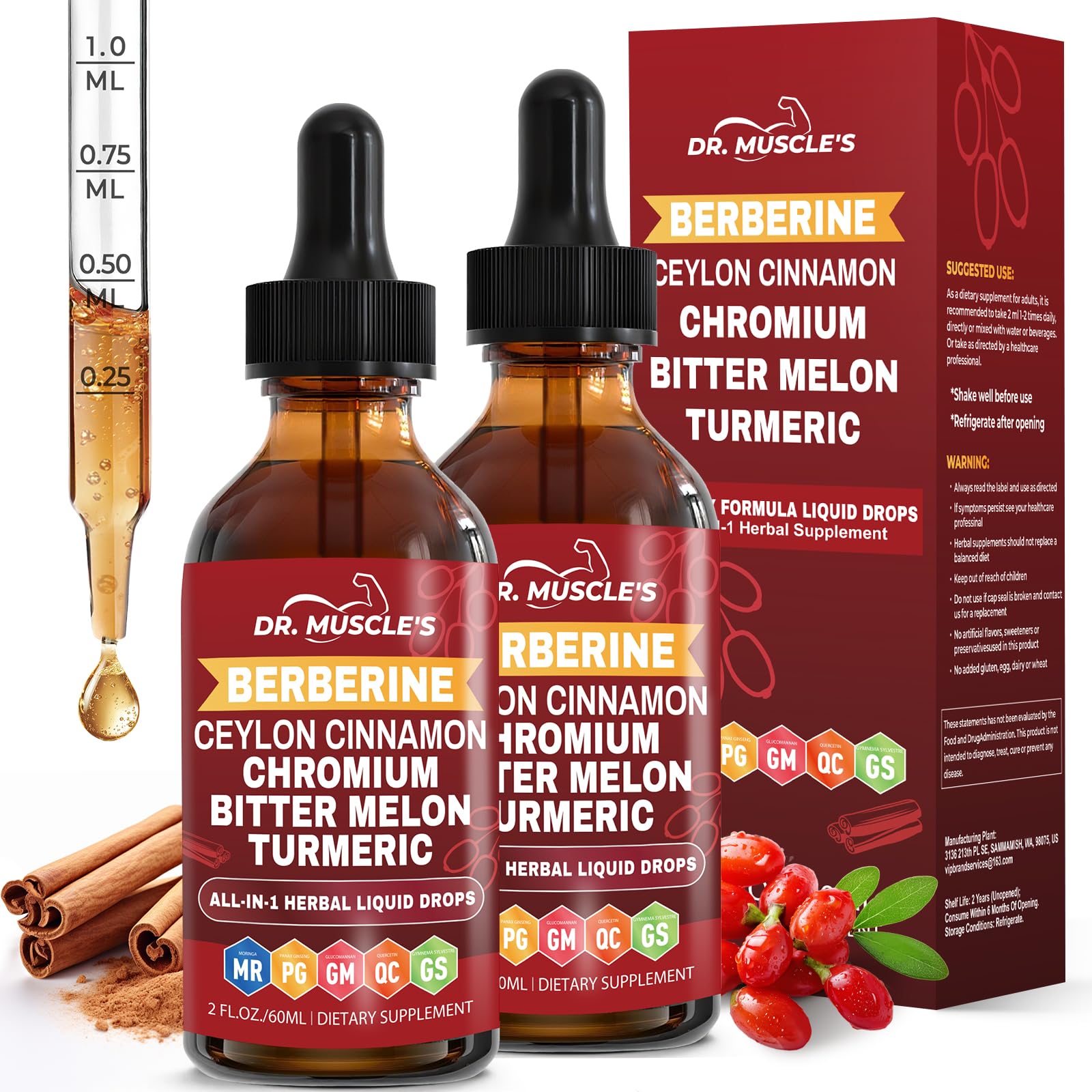 DR. MUSCLE'S Berberine Liquid Drops front view with packaging