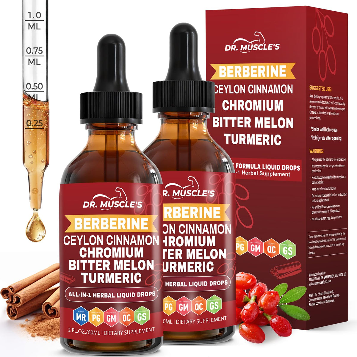 DR. MUSCLE'S Berberine Liquid Drops front view with packaging