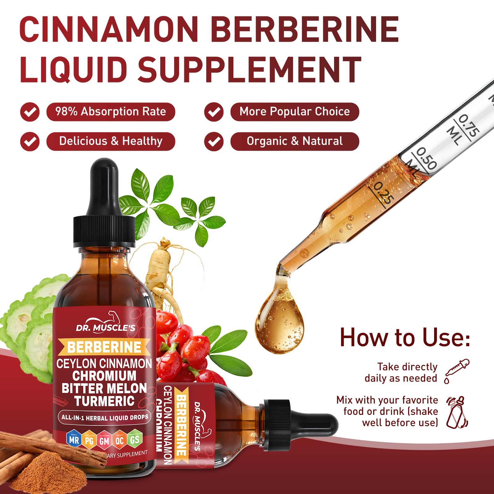 DR. MUSCLE'S Berberine Liquid Drops side view with measurement markings