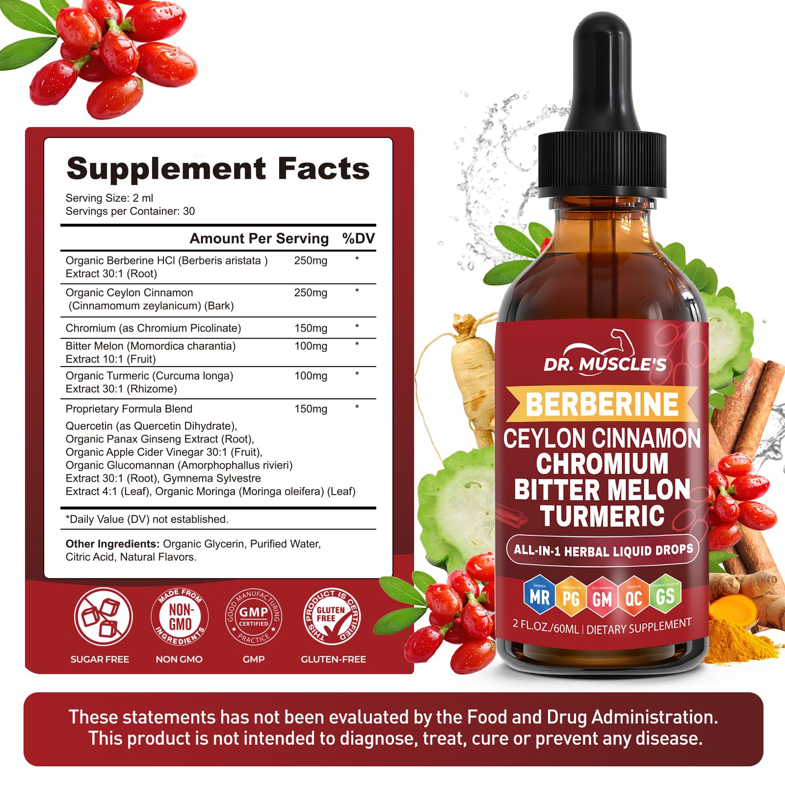 DR. MUSCLE'S Berberine Liquid Drops with Ceylon cinnamon stick