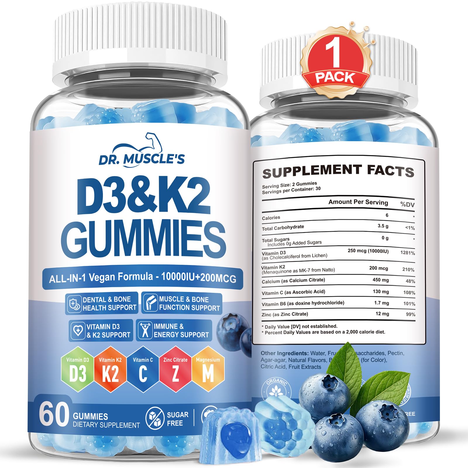 DR. MUSCLE'S Vitamin D3K2 Gummies bottle front view