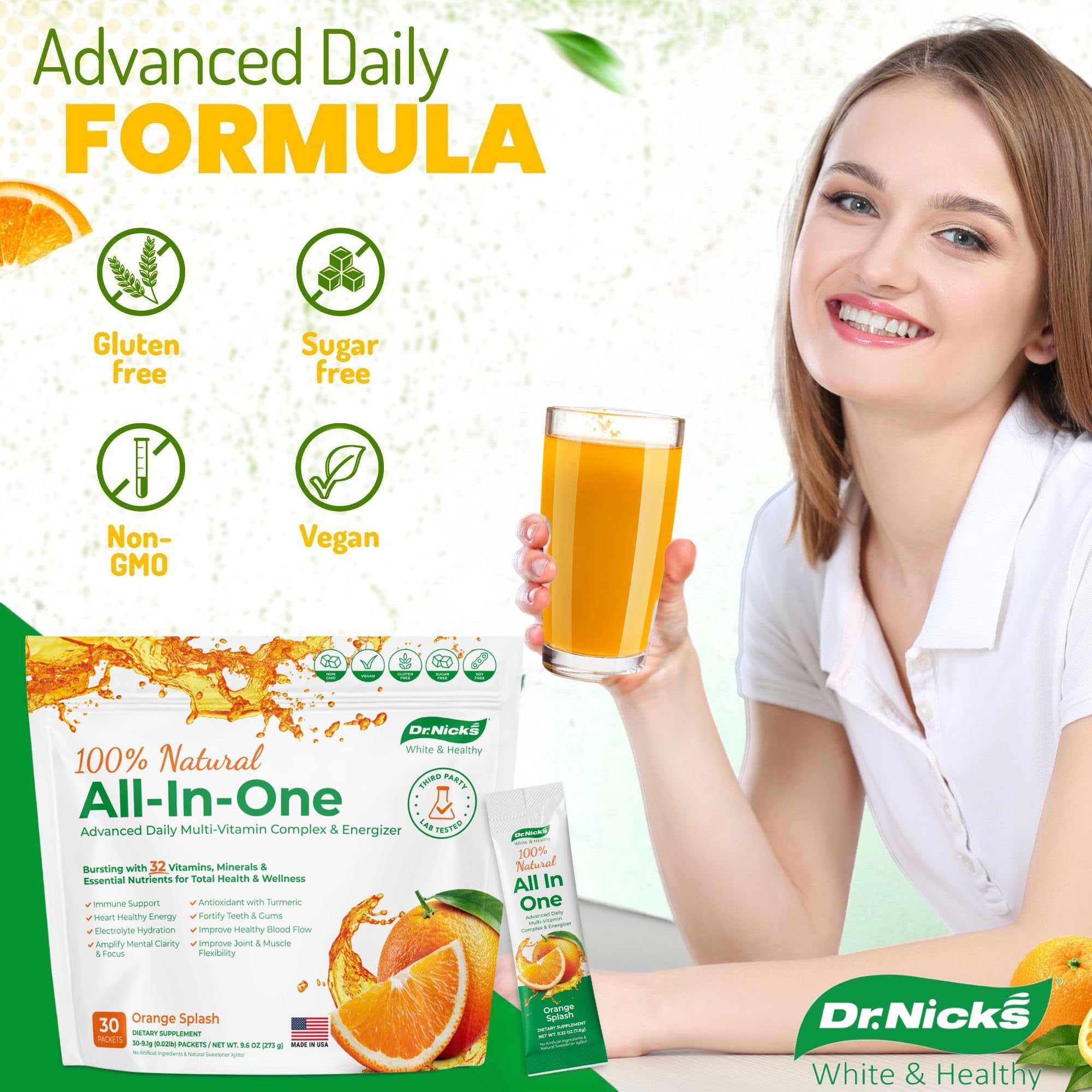 Dr.Nick's Women's Multivitamin displayed with fresh oranges