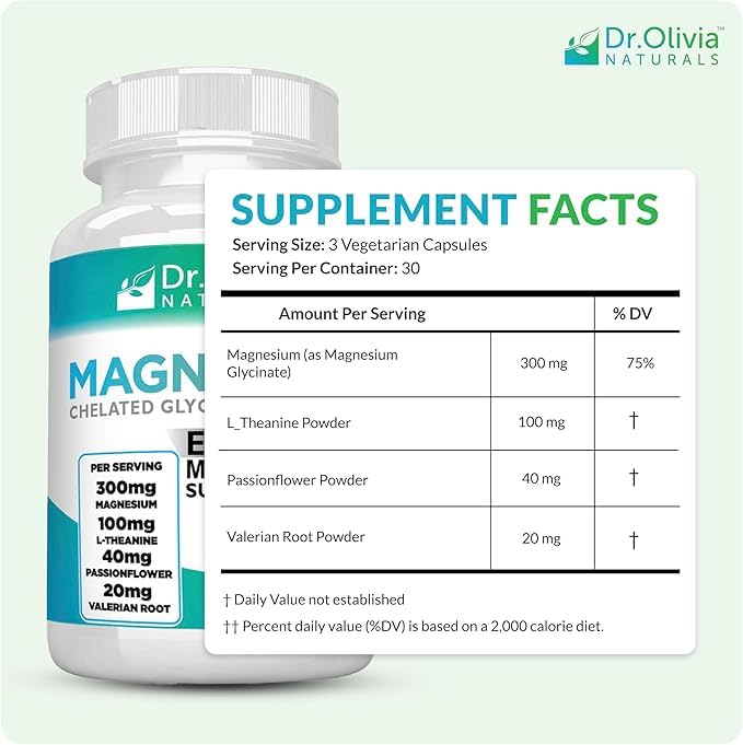 Dr. Olivia Naturals Magnesium Glycinate Supplement 300mg side view