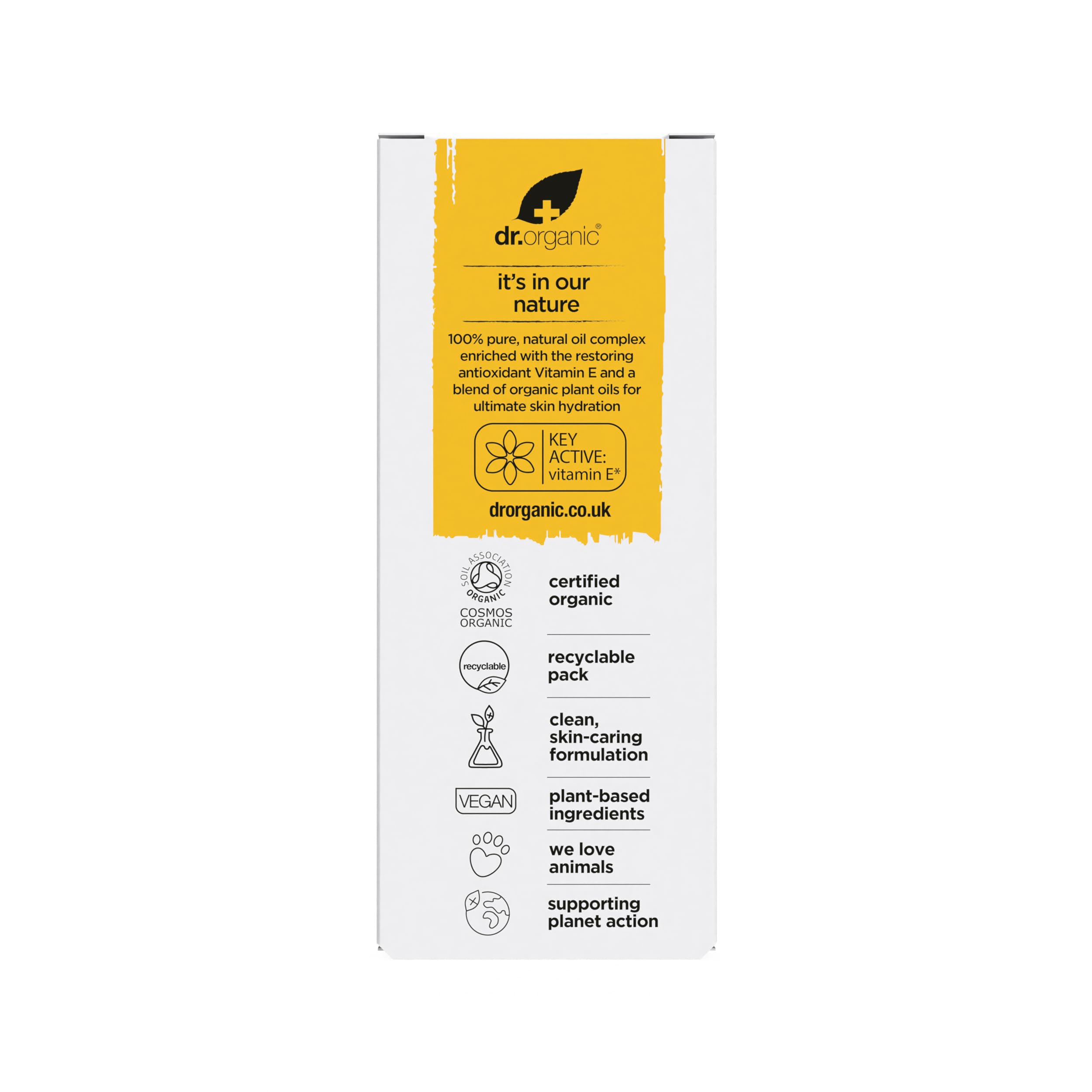 Dr. Organic Vitamin E Oil 120g back view with ingredient list