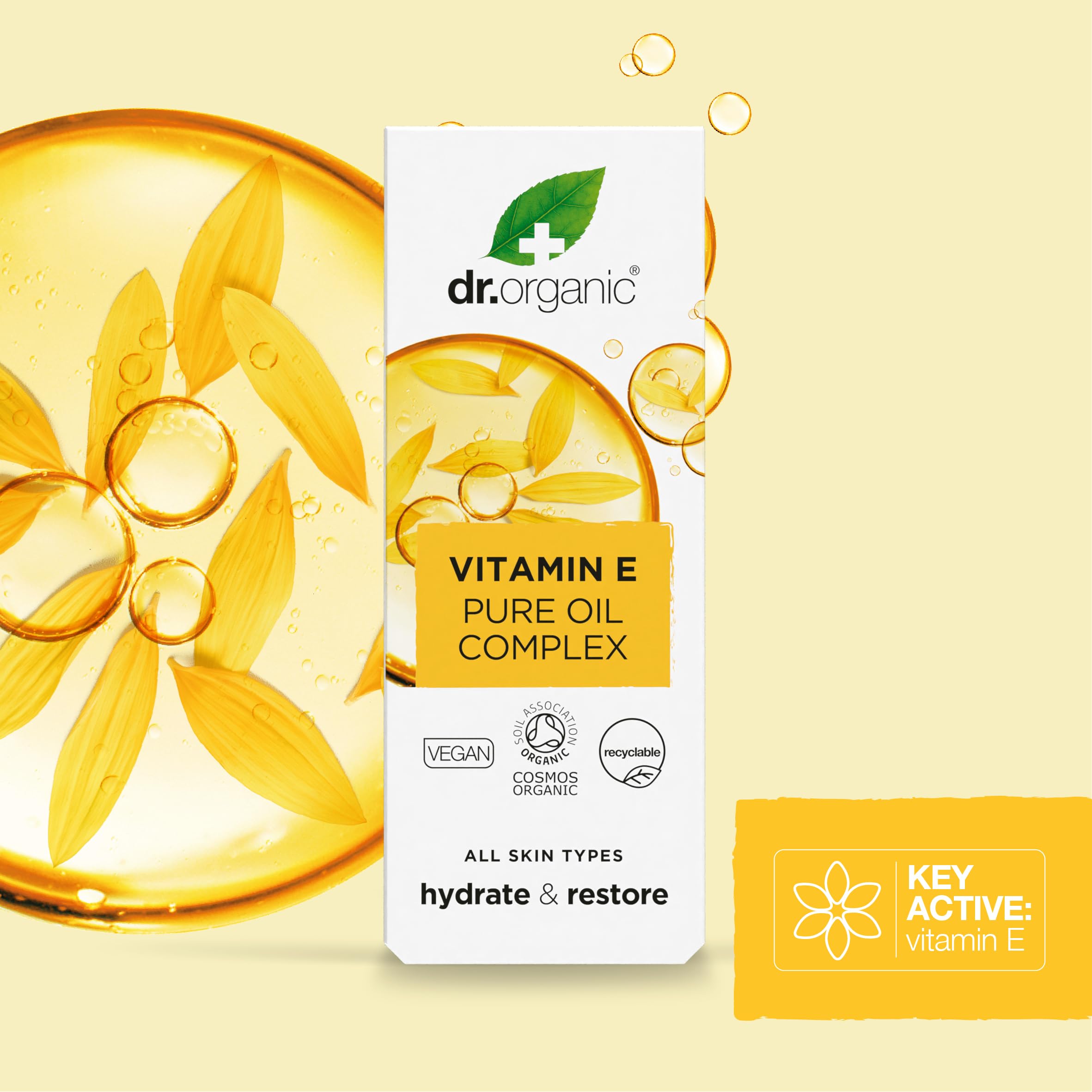 Dr. Organic Vitamin E Oil 120g lifestyle scene on a bathroom counter