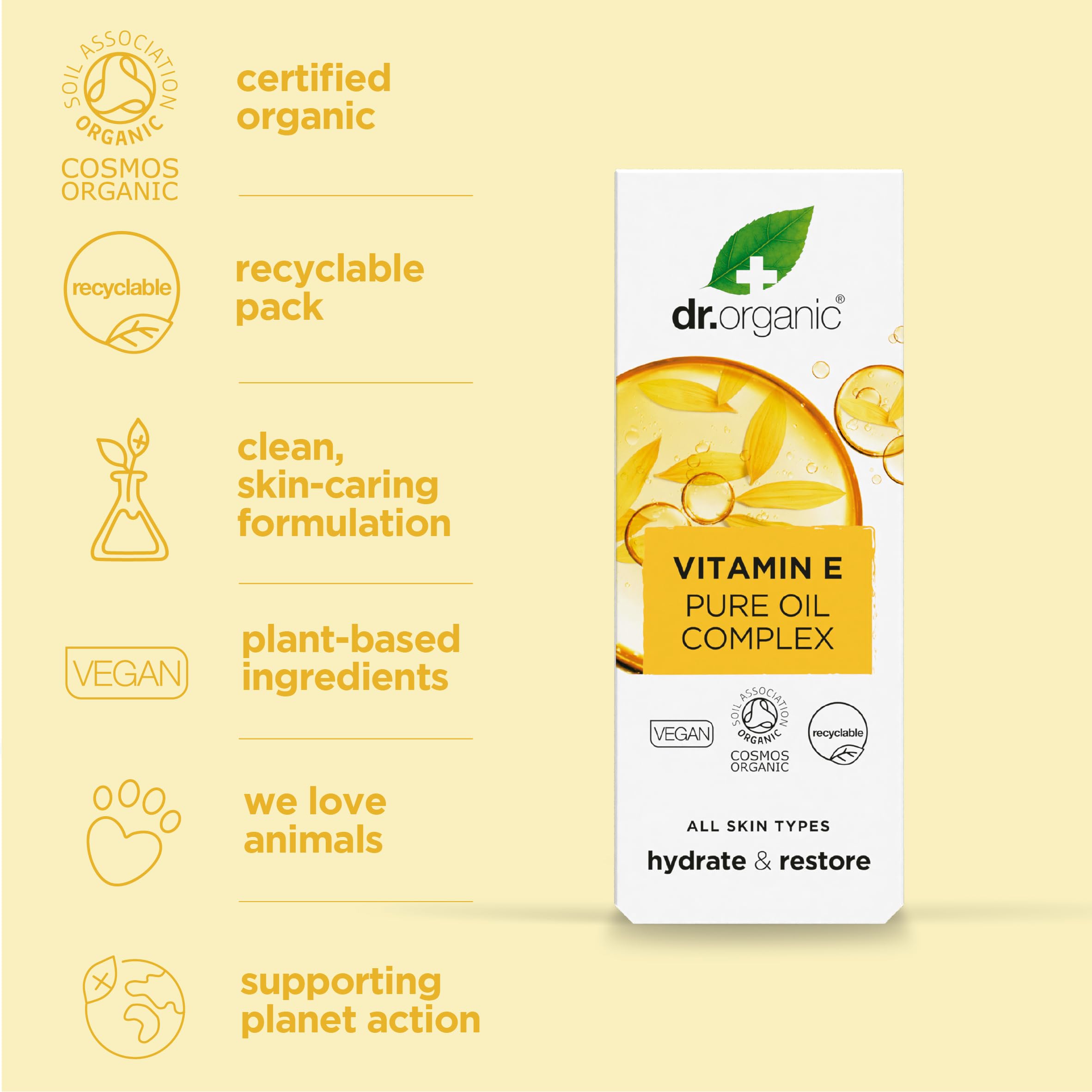 Dr. Organic Vitamin E Oil 120g with dropper showing oil texture