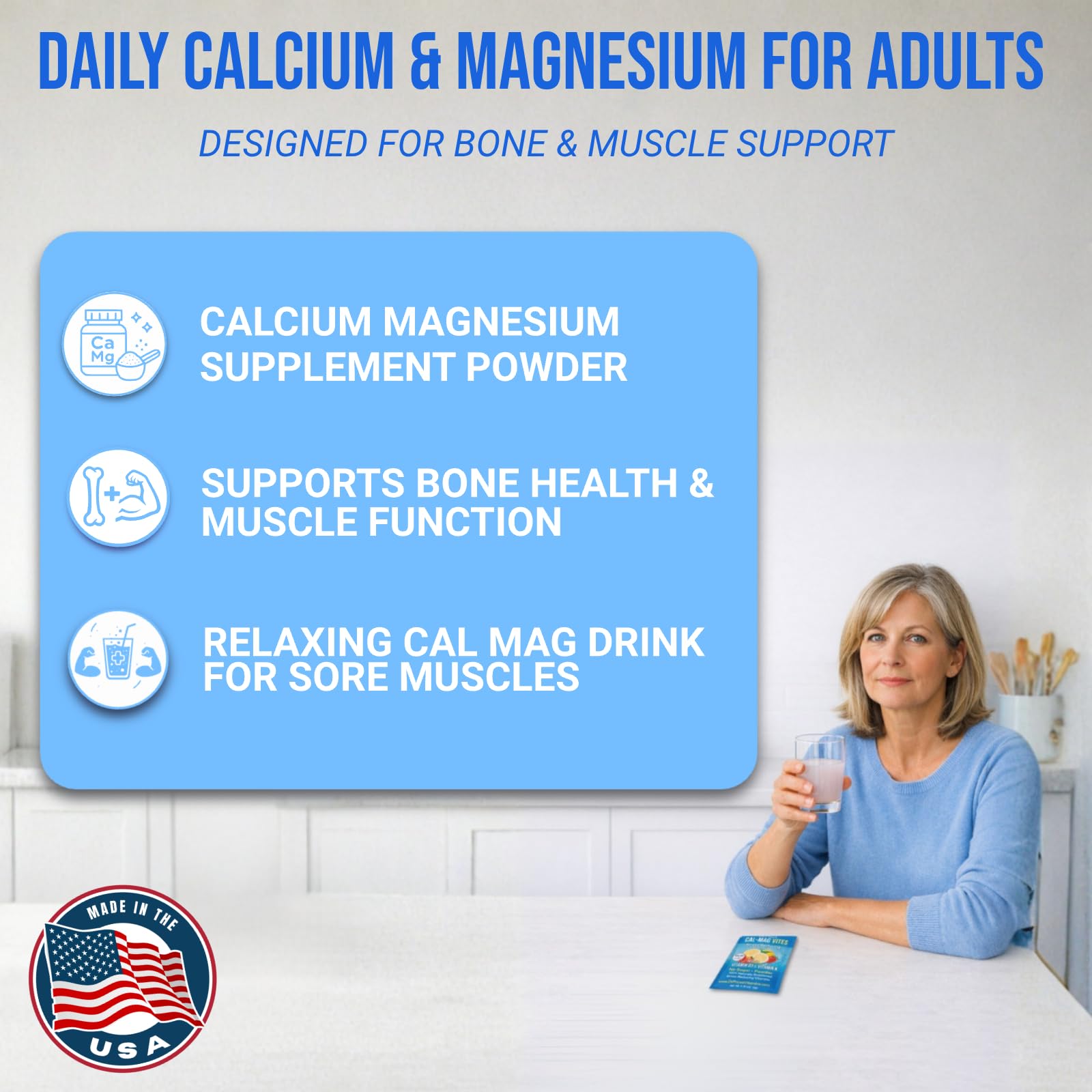 Dr. Price's Vitamins Calcium & Magnesium Powder Packets on a kitchen counter