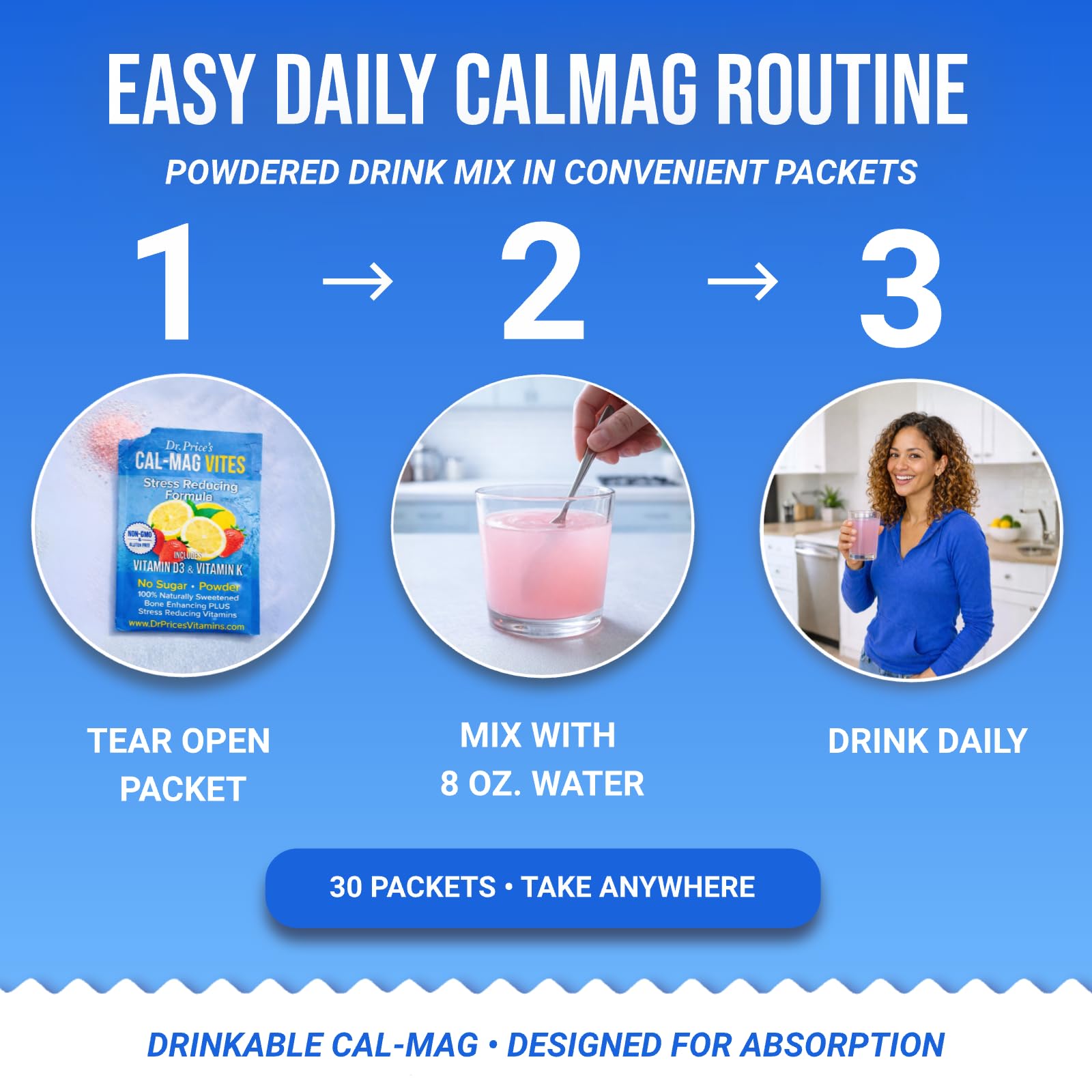 Dr. Price's Vitamins Calcium & Magnesium Powder Packets with fresh strawberries