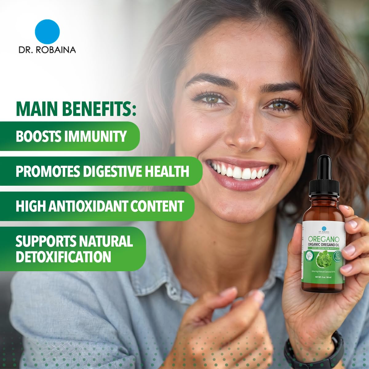 Dr. Robaina Oregano Oil dropper with two drops