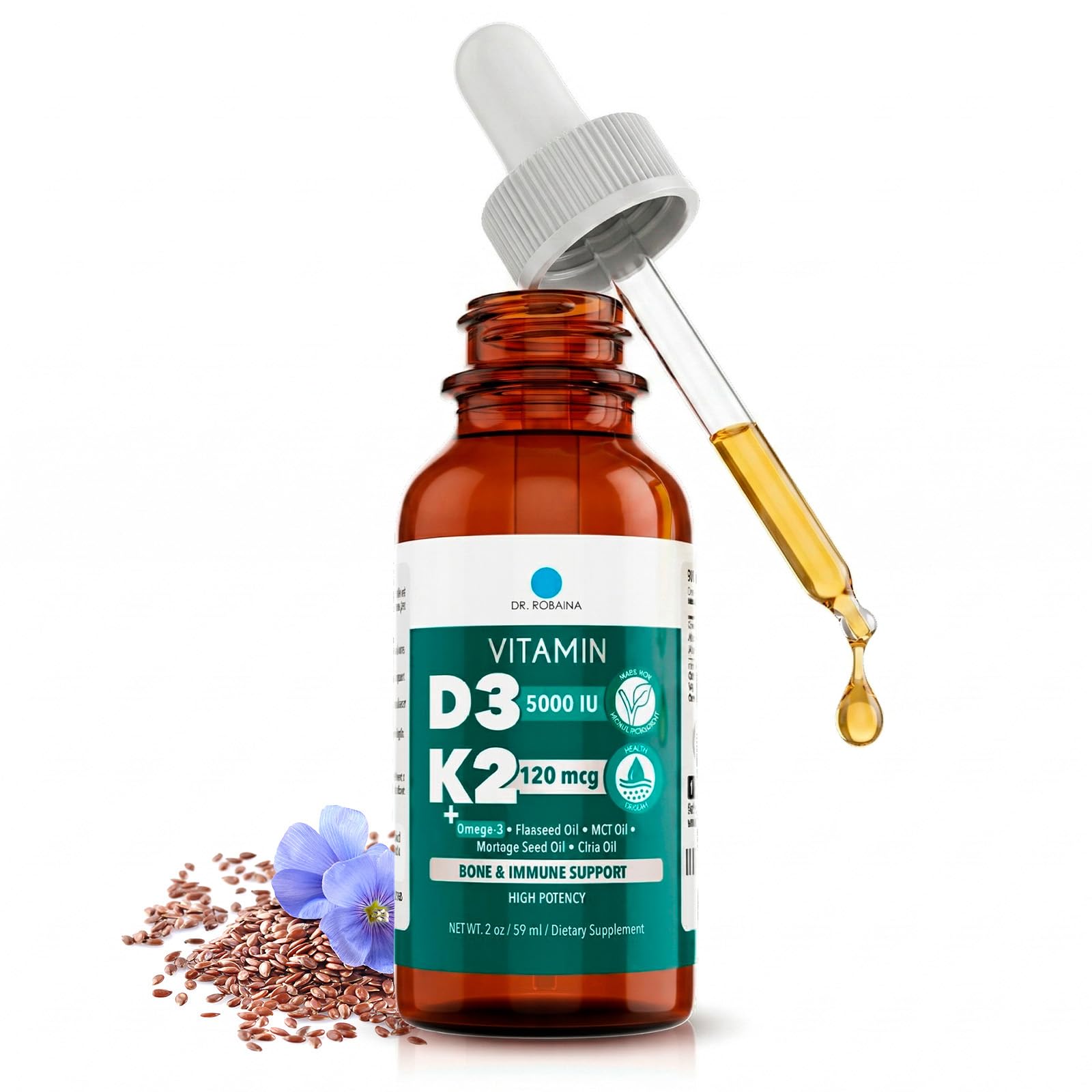 Dr. Robaina Vitamin D3 & K2 sublingual liquid bottle front view
