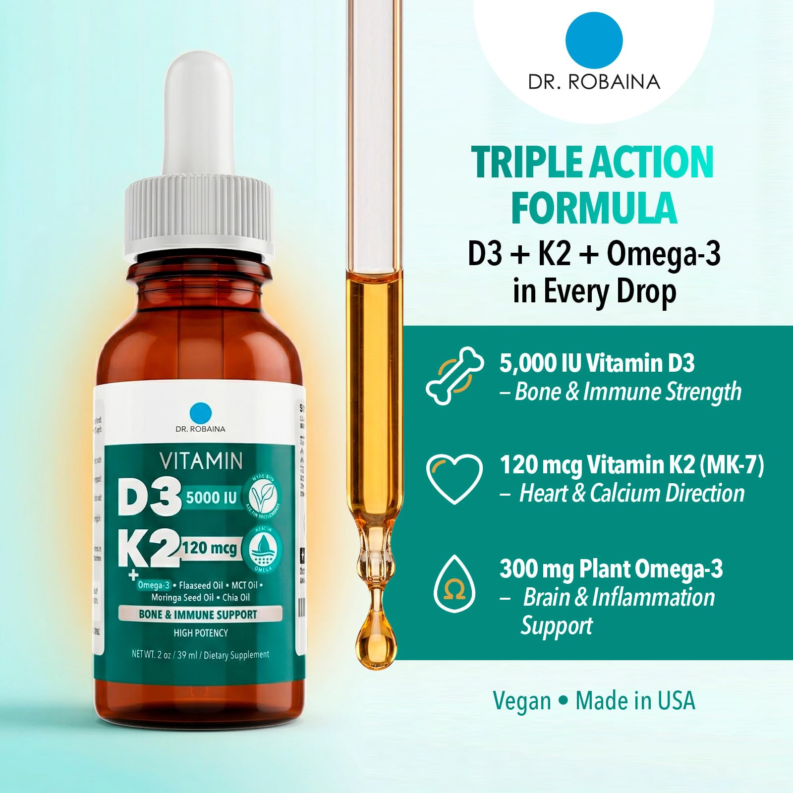Dr. Robaina Vitamin D3 & K2 sublingual liquid dropper close-up