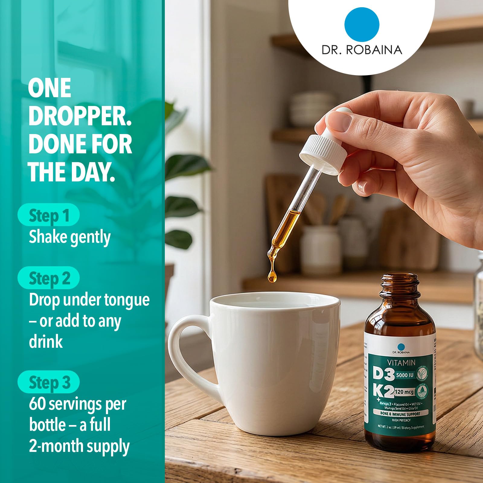 Dr. Robaina Vitamin D3 & K2 sublingual liquid on a wooden table