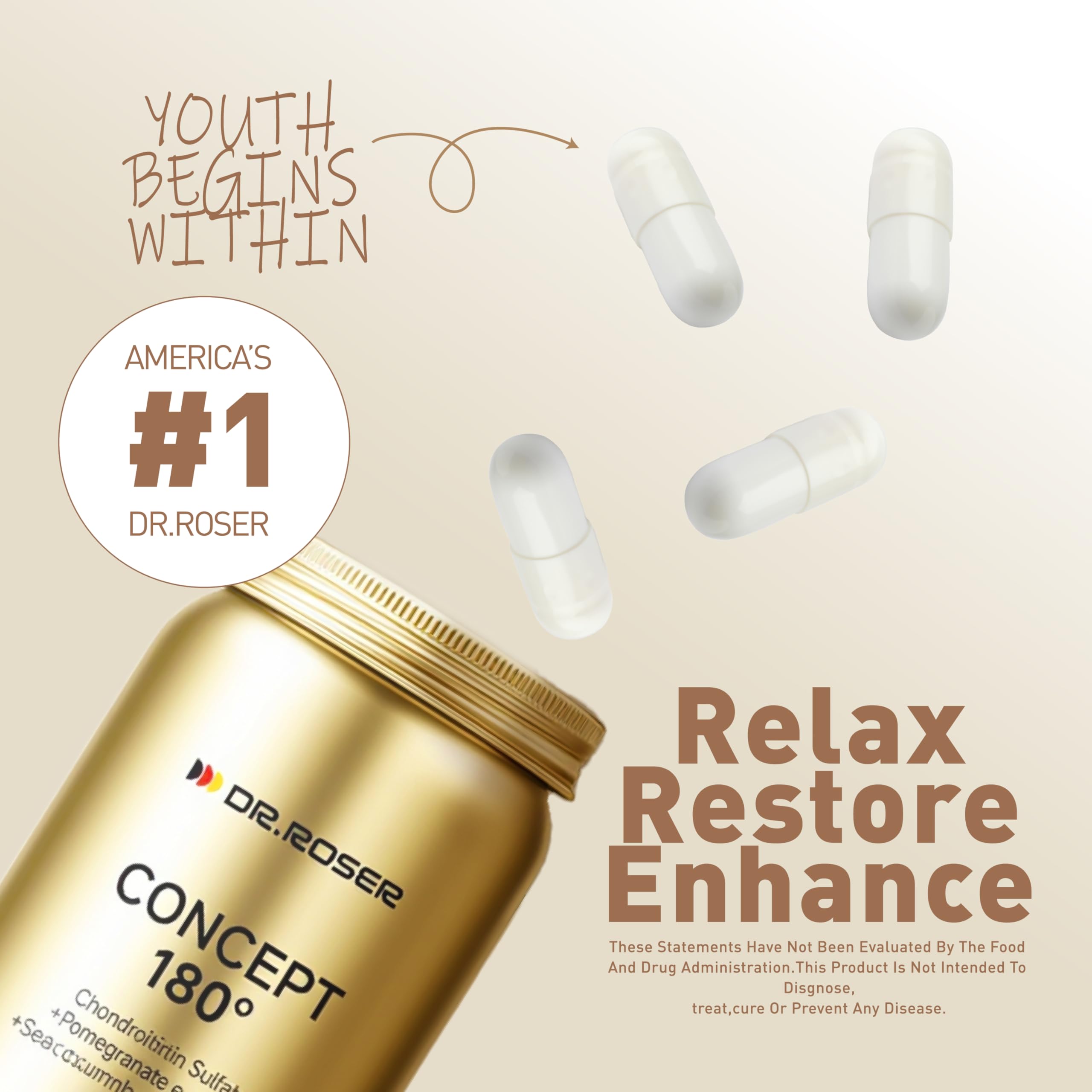 DR.ROSER Golden Capsules on a wooden table