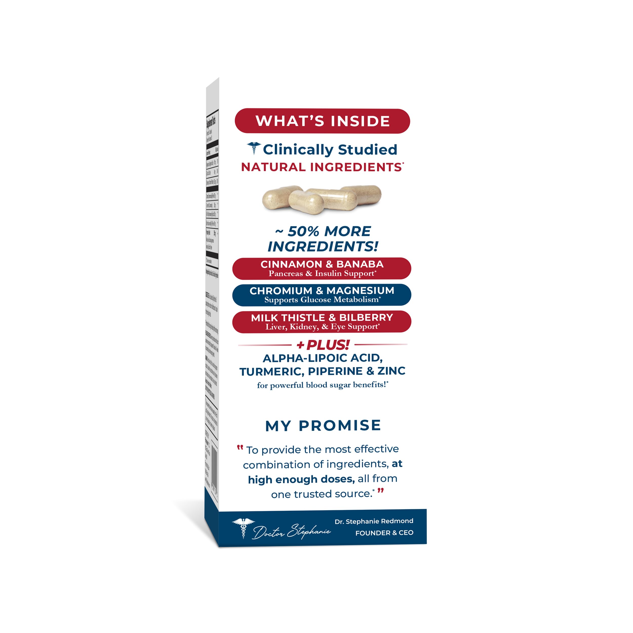 Dr. Stephanie's Extra-Strength Supplement side view showing ingredients