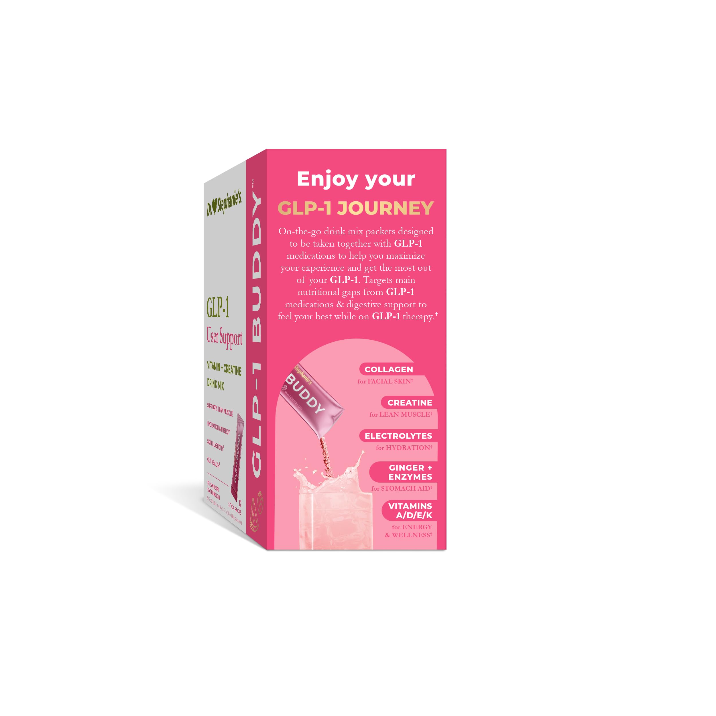 Dr. Stephanie's GLP-1 Buddy Drink Mix on a kitchen counter