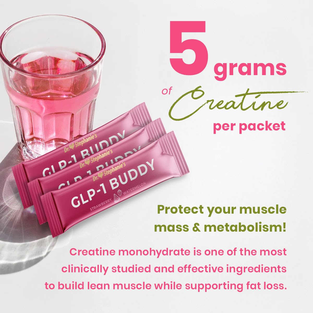 Dr. Stephanie's GLP-1 Buddy Drink Mix scoop next to the container