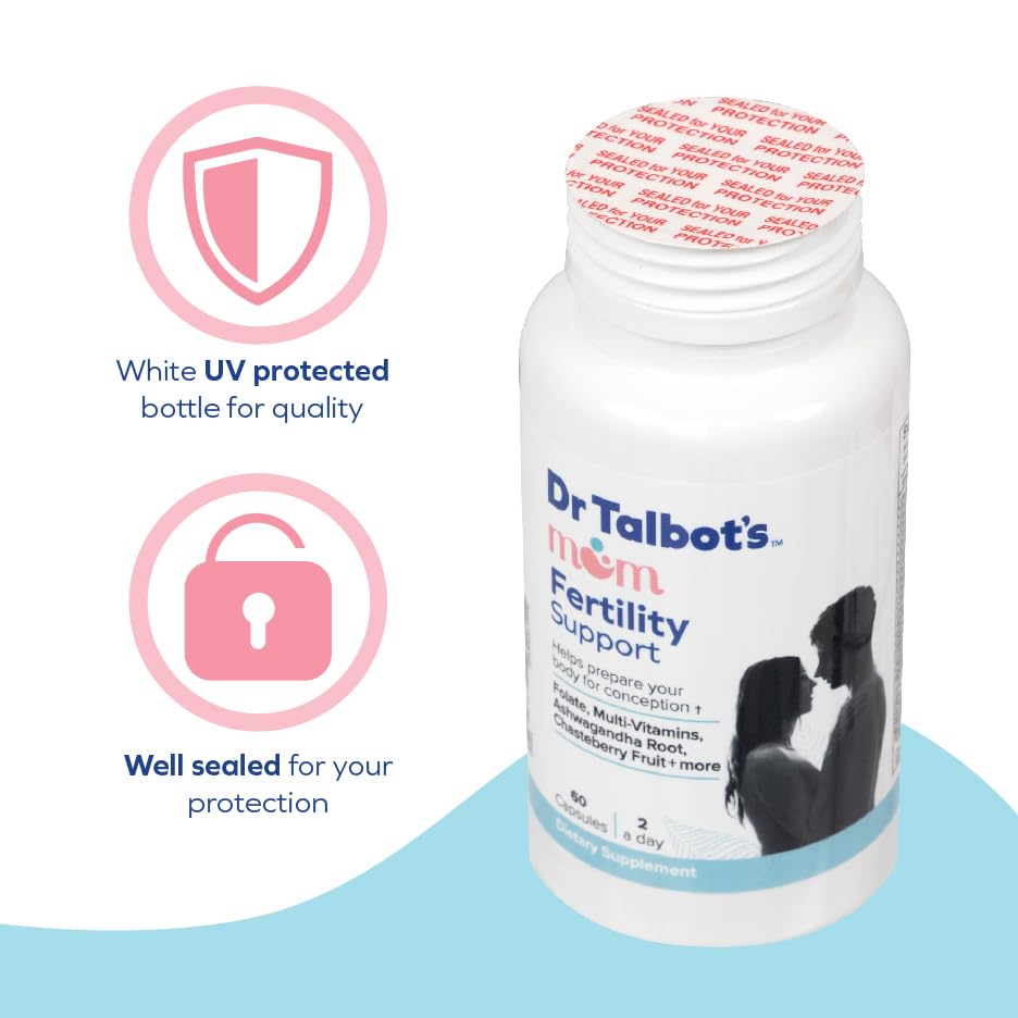 Dr. Talbot's Mom Fertility Support capsules on a table
