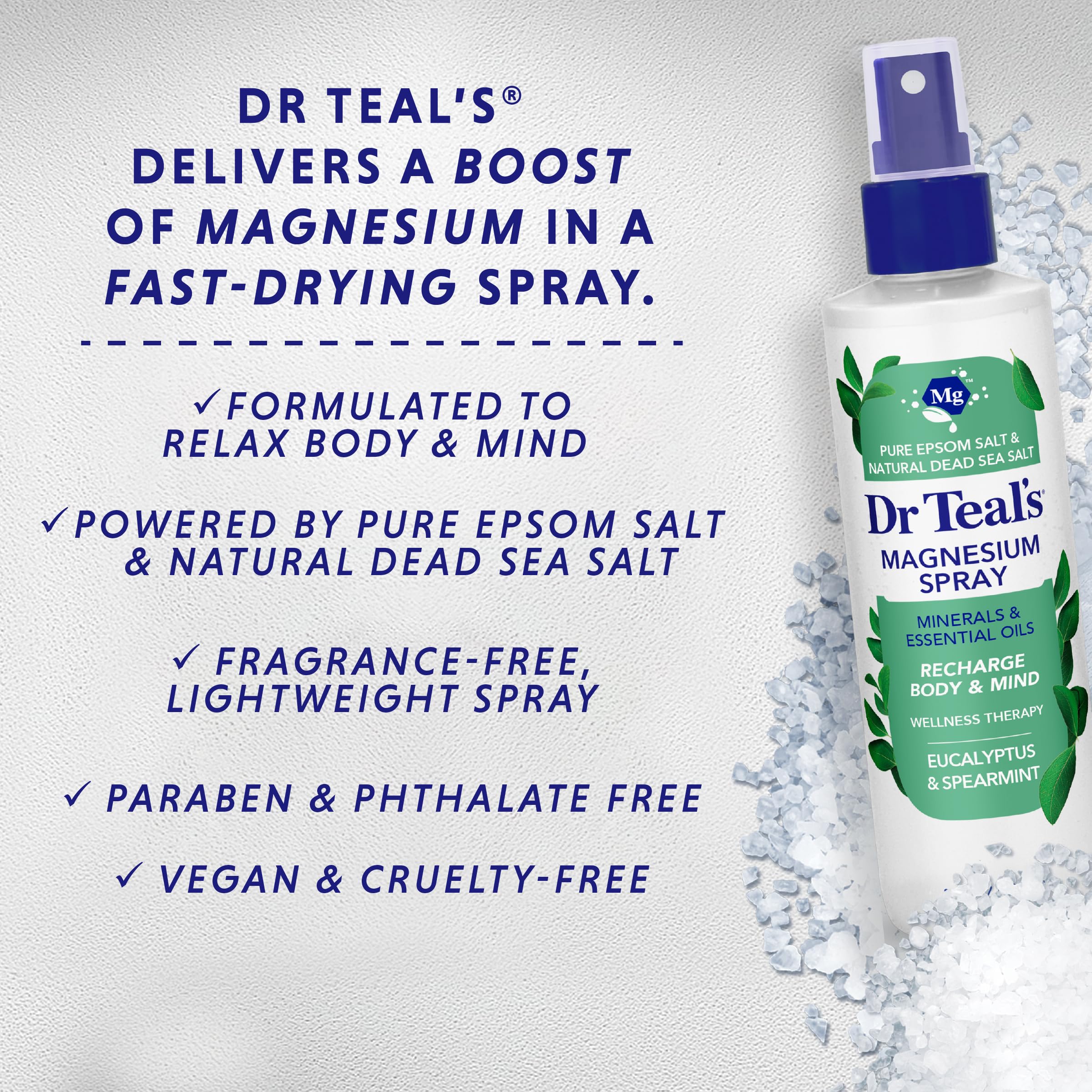 Dr Teal's Magnesium Spray 8 fl oz bottle on a bathroom shelf