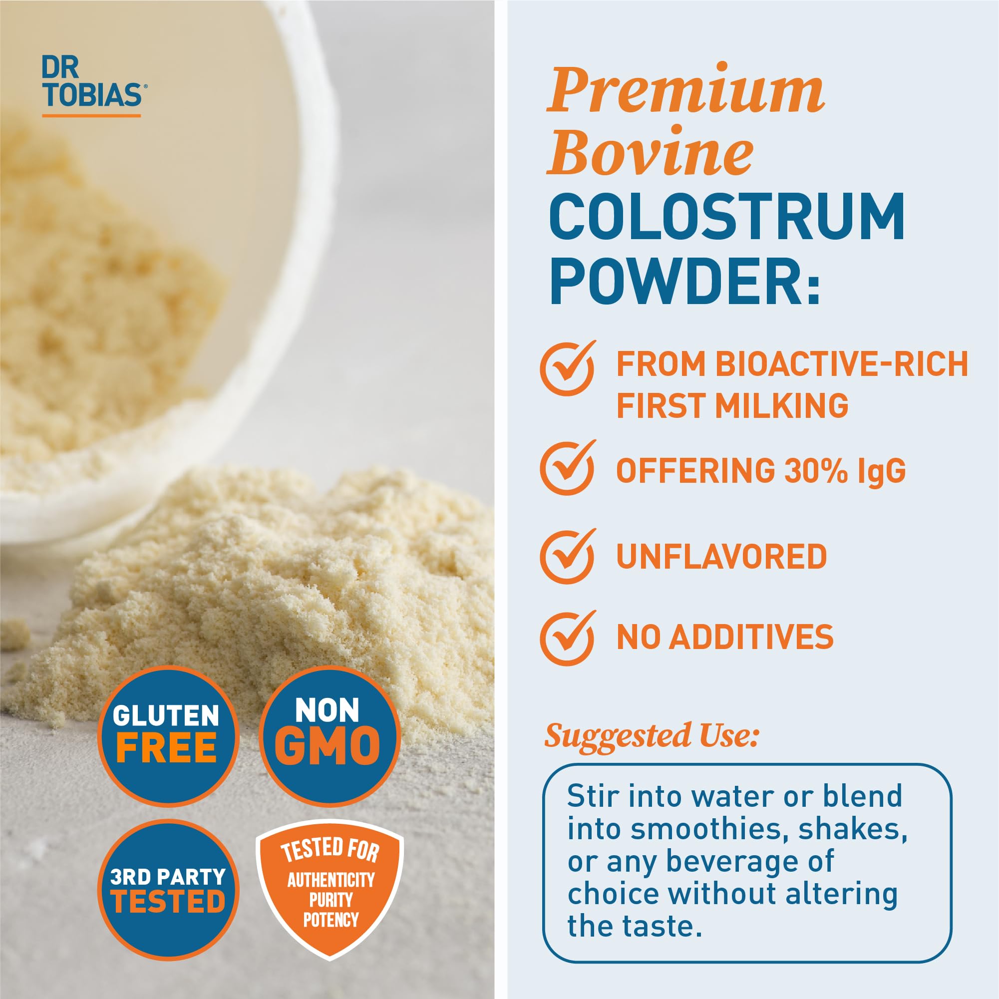 Dr. Tobias Bovine Colostrum Powder mixed in a glass of water