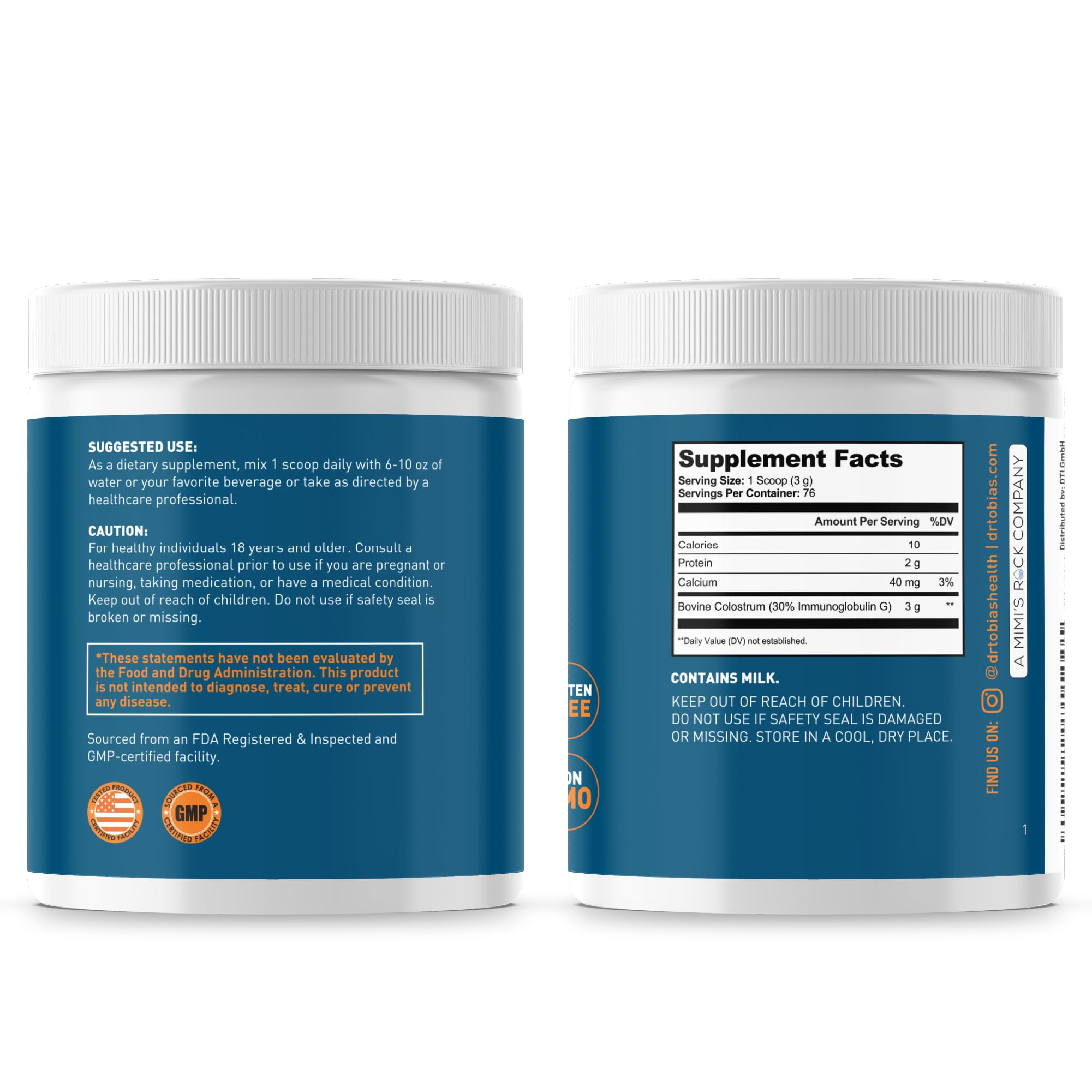 Dr. Tobias Bovine Colostrum Powder nutrition label