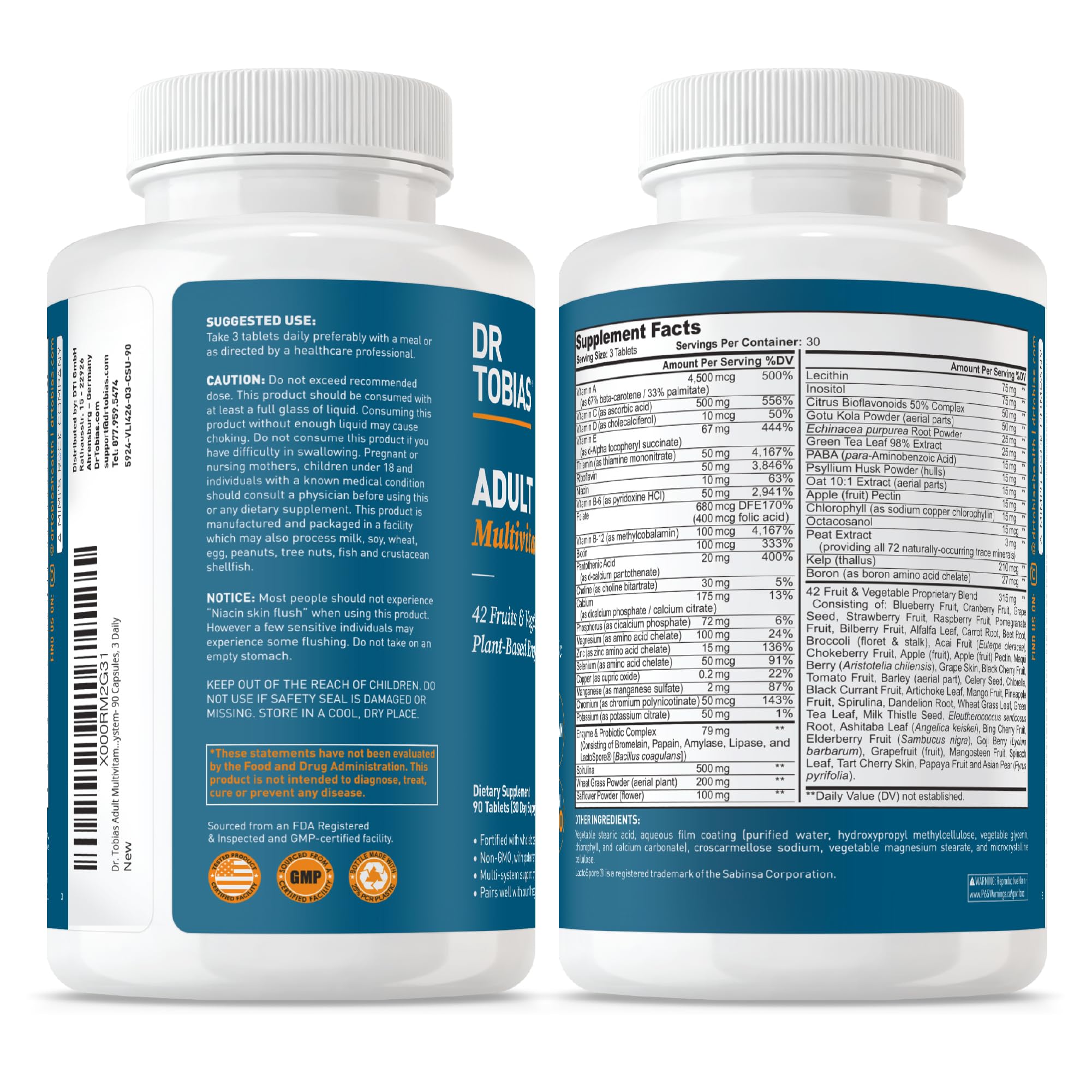 Dr. Tobias Daily Multivitamin Tablets displayed with water