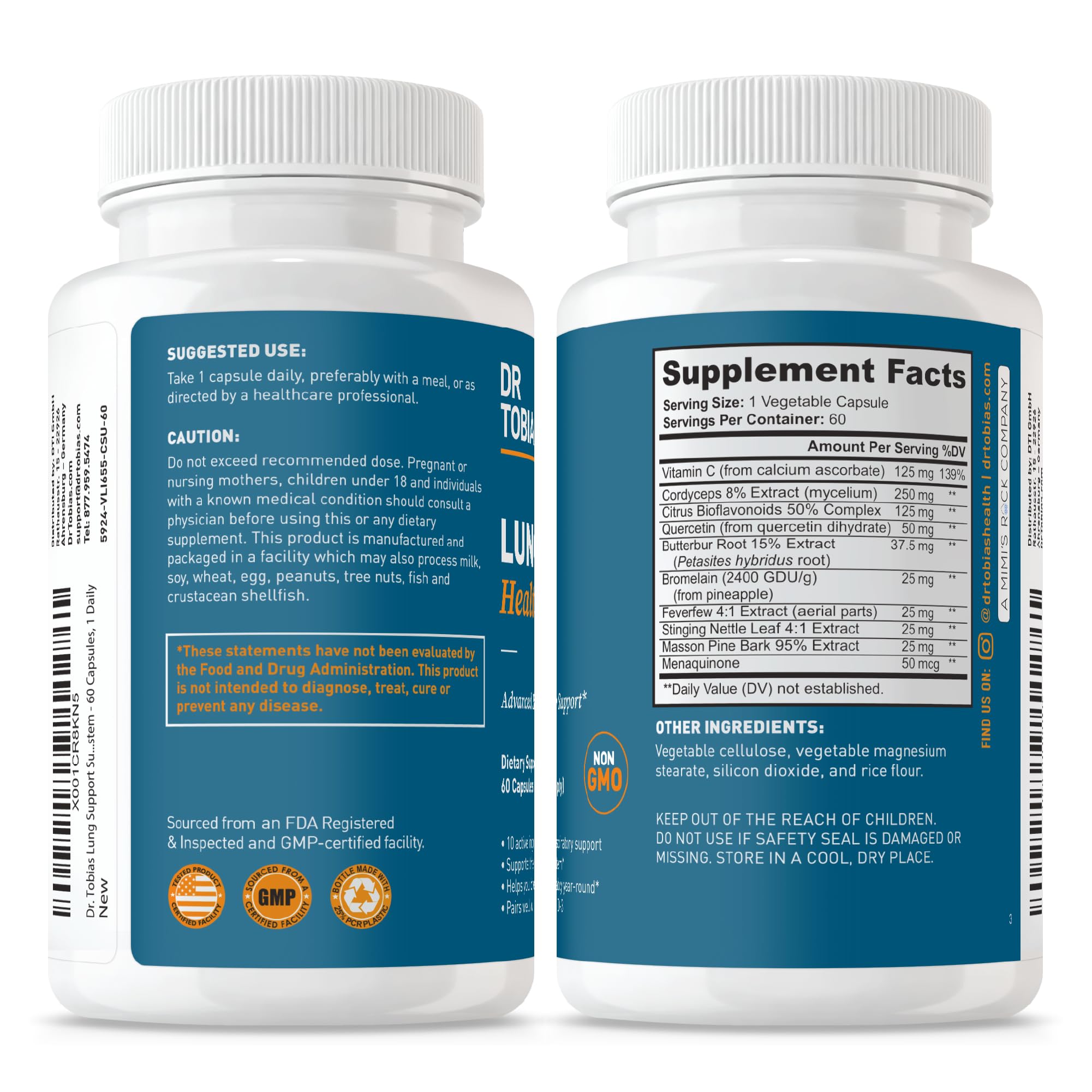 Dr. Tobias Lung Health Supplement bottle on a wooden table