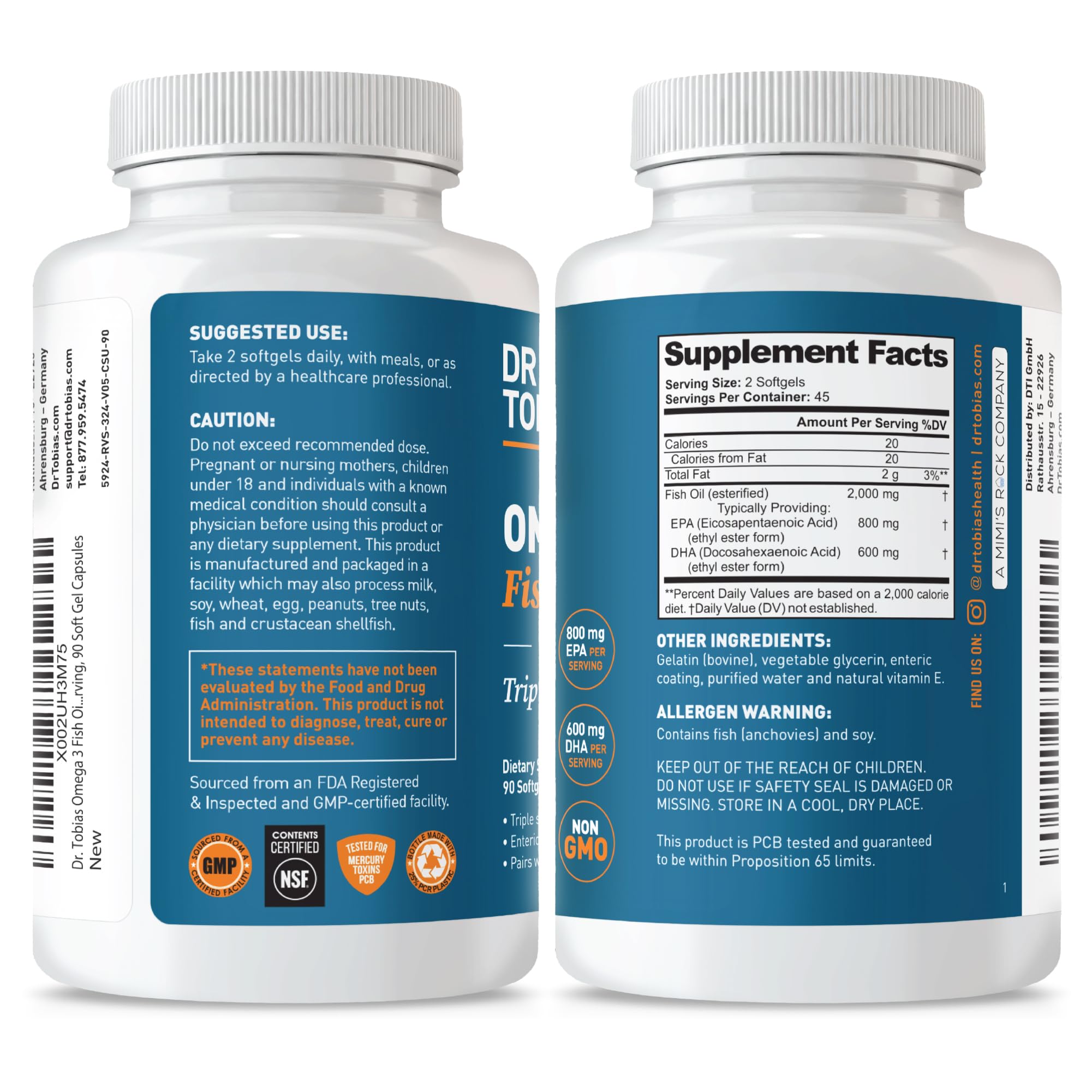 Dr. Tobias Omega 3 Fish Oil softgels on wooden table