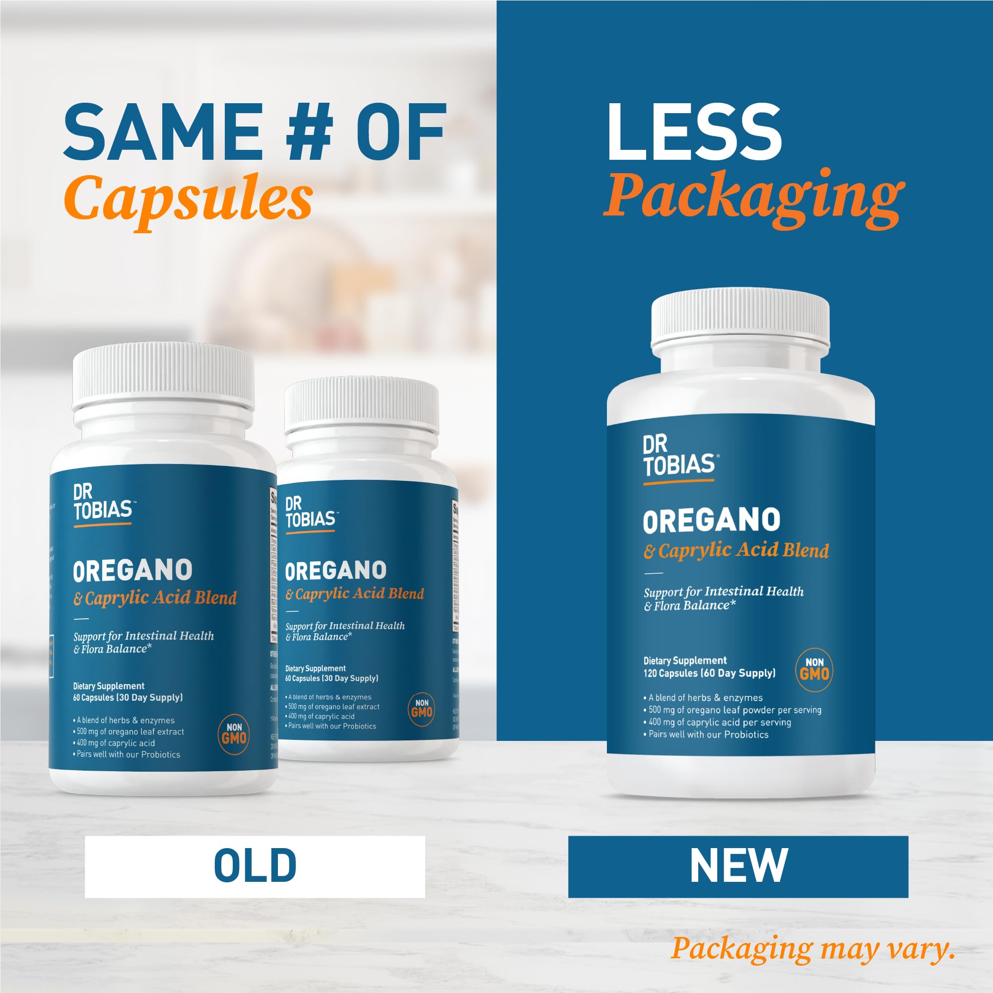 Dr. Tobias Oregano Oil & Caprylic Acid Capsules on a wooden table