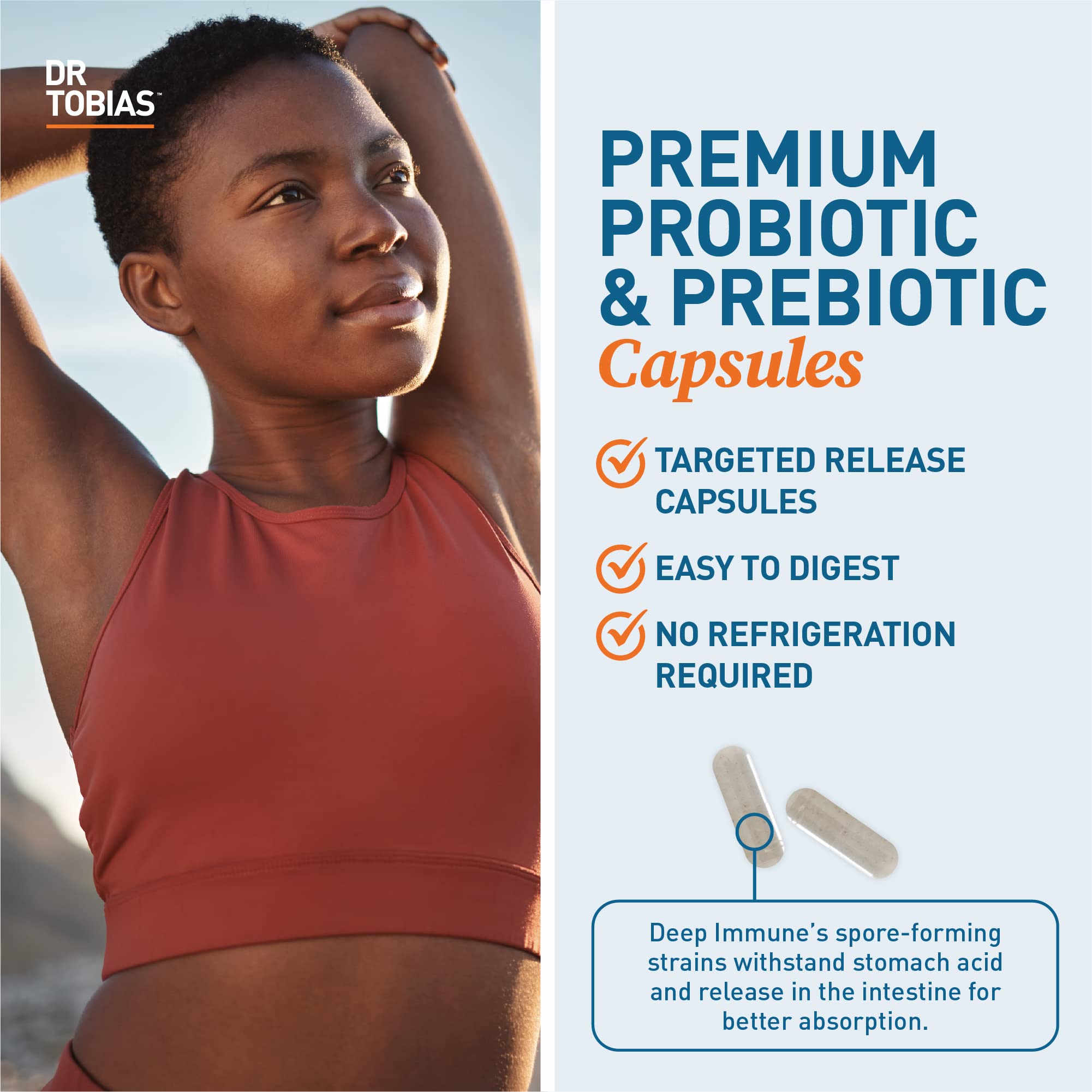 Dr. Tobias Prebiotic Probiotic Capsules open bottle showing capsules