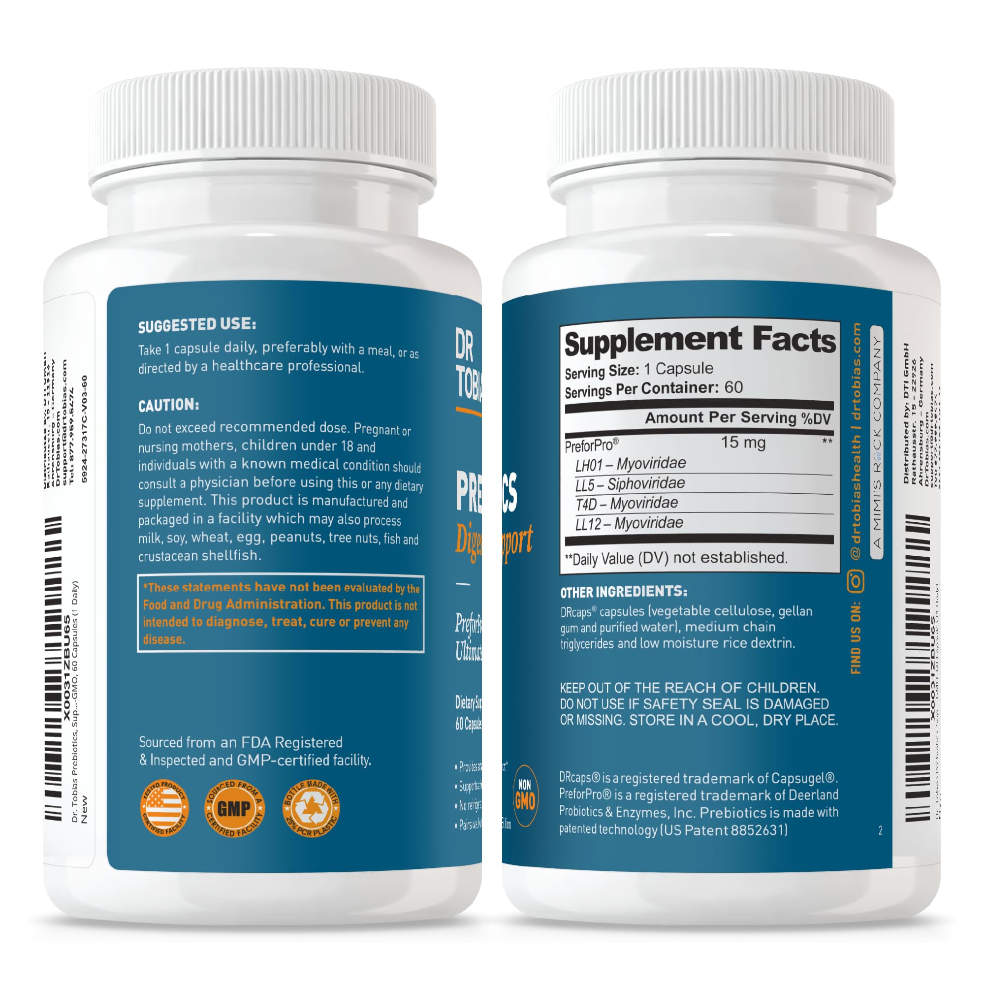 Dr. Tobias Prebiotic Supplement 15mg back view of packaging