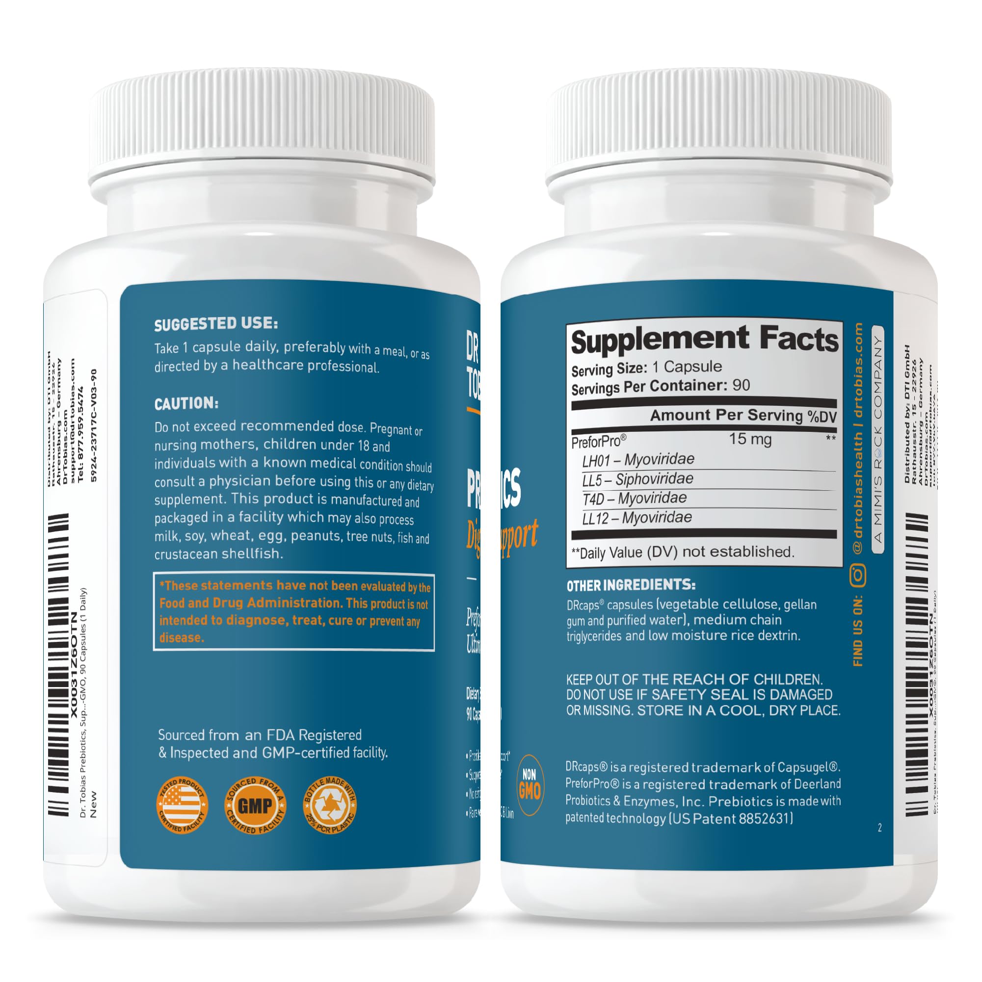Dr. Tobias Prebiotic Supplement 15mg bottle top view