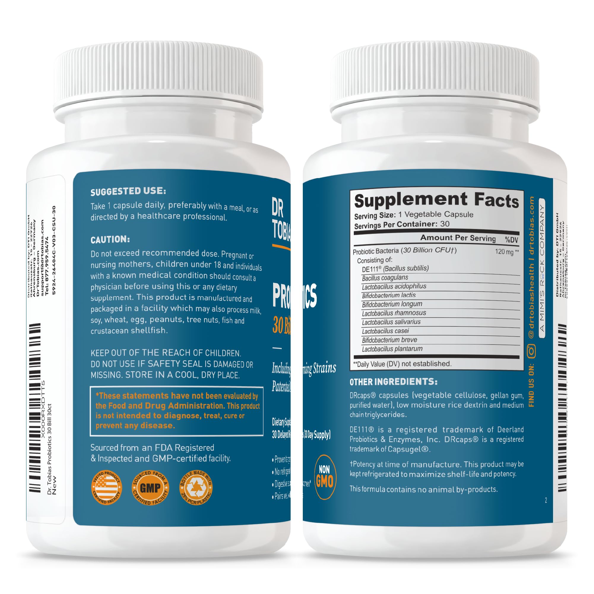 Dr. Tobias Probiotics Supplement back view showing dosage instructions