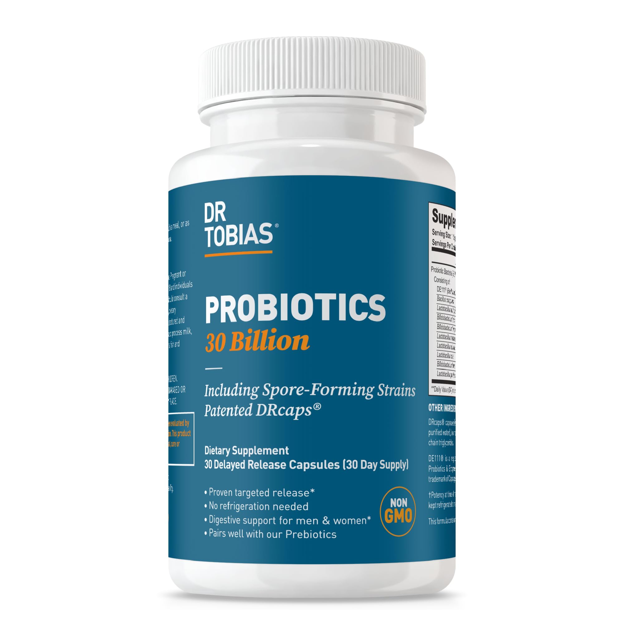 Dr. Tobias Probiotics Supplement front view with 30 capsules