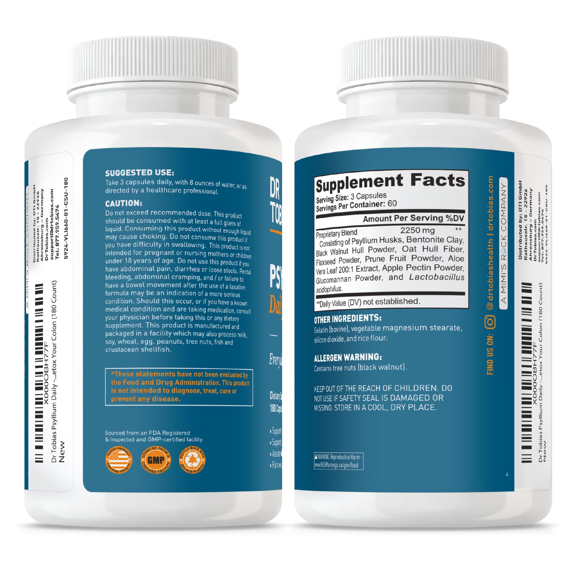 Dr. Tobias Psyllium Husk Capsules on a wooden table