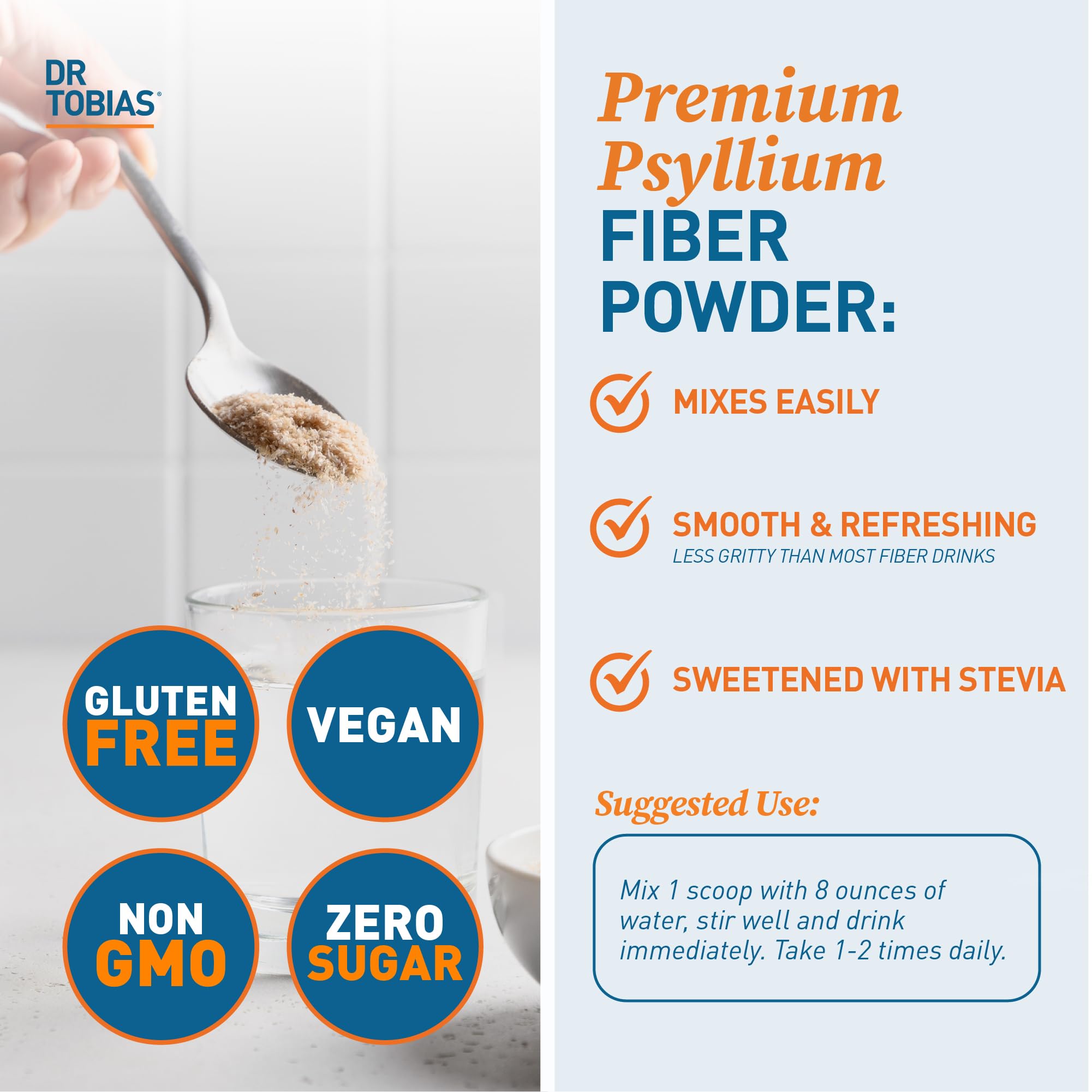Dr. Tobias Psyllium Husk Powder 356g scoop with powder