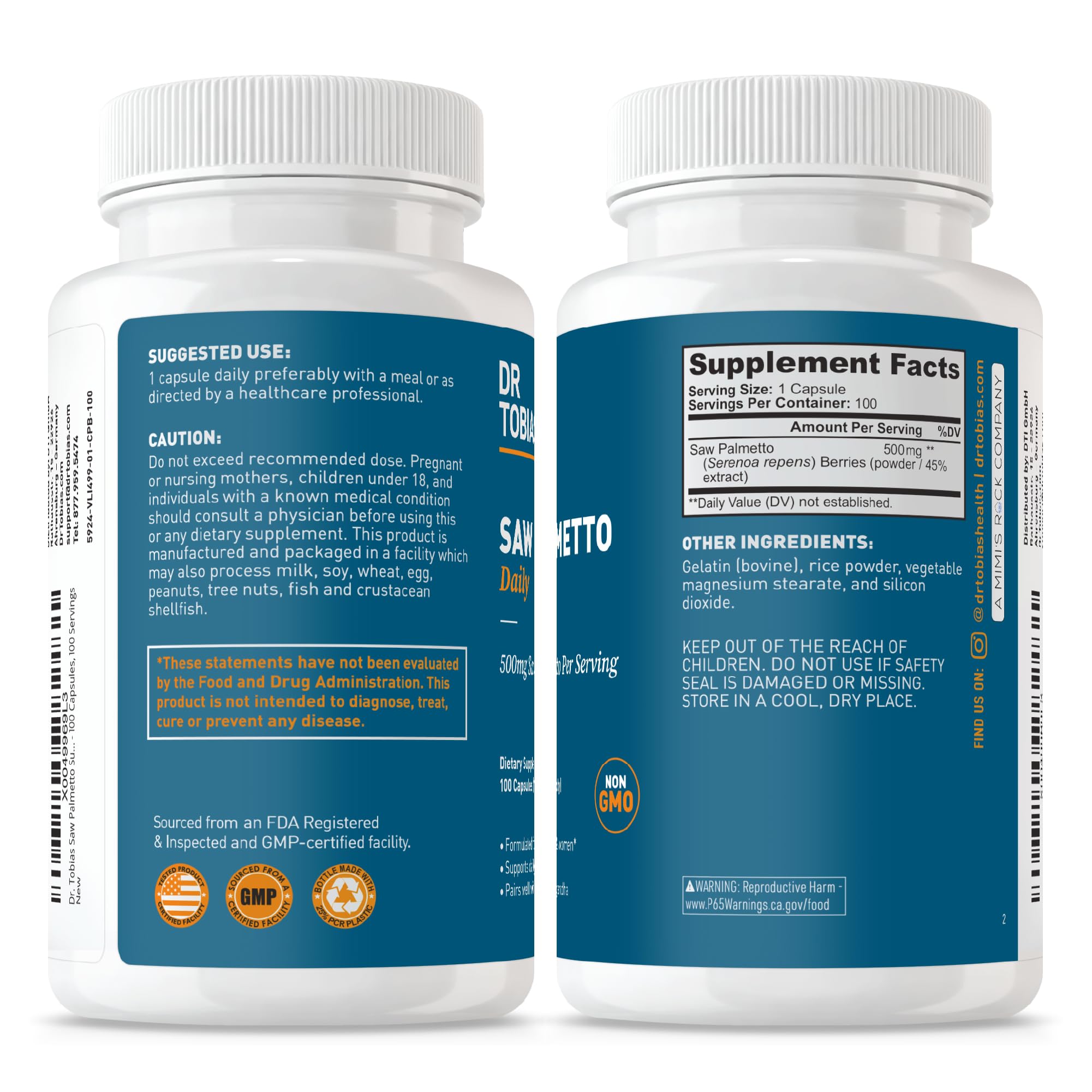 Dr. Tobias Saw Palmetto Supplement 500mg bottle with measuring spoon