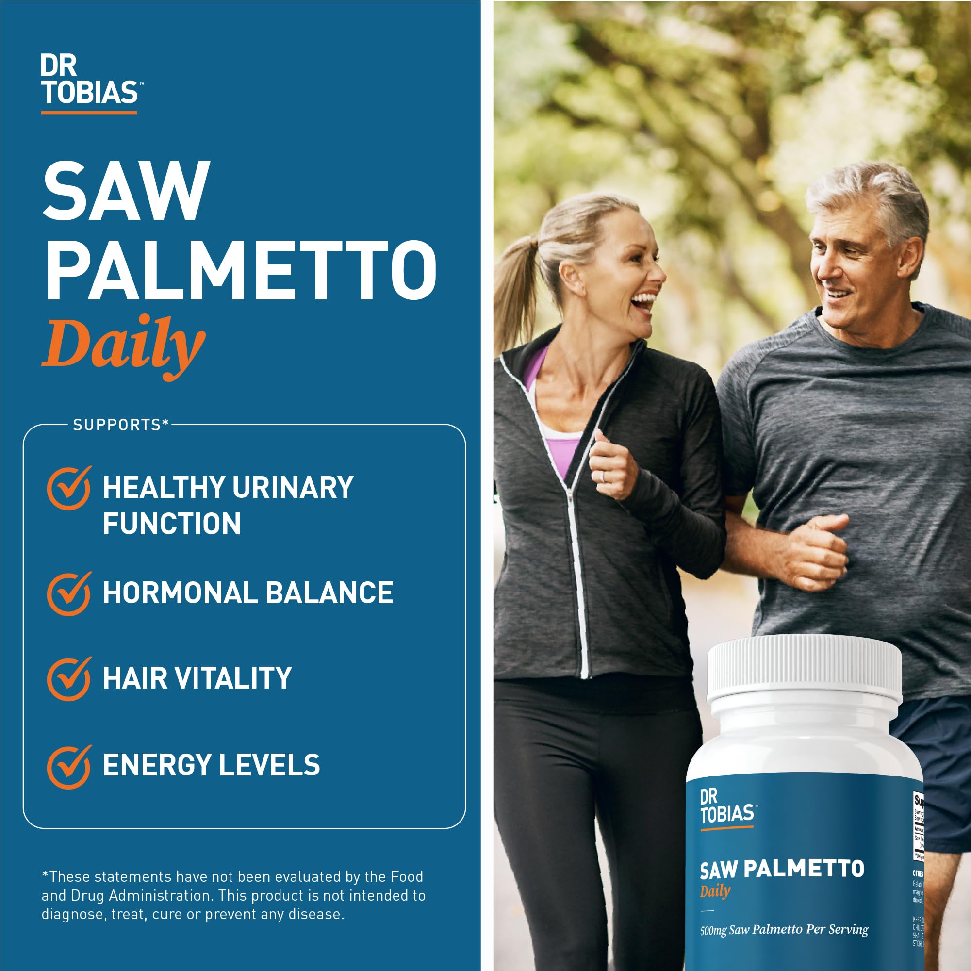 Dr. Tobias Saw Palmetto Supplement 500mg capsules on a wooden surface