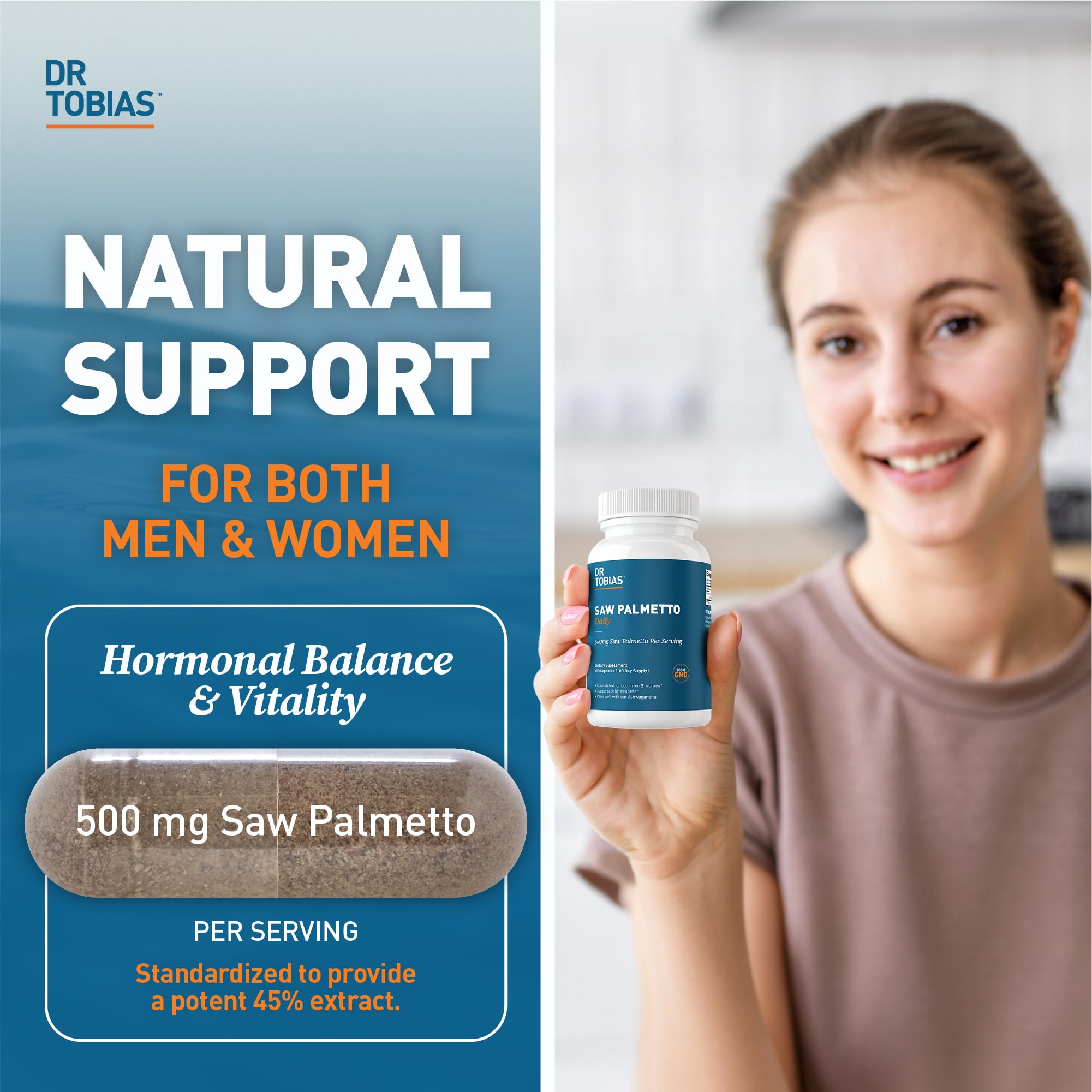 Dr. Tobias Saw Palmetto Supplement 500mg side view with capsules